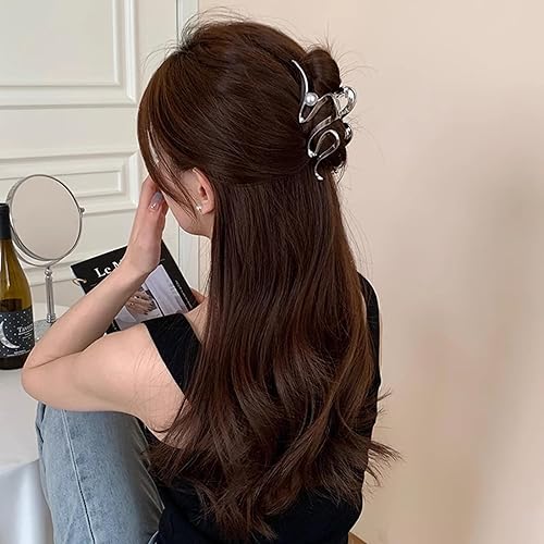 Miniatura 3 de Pinzas para el cabello irregulares plateadas, pinzas de metal para el cabello con diseño de perlas grandes, pinzas de mandíbula para cabello