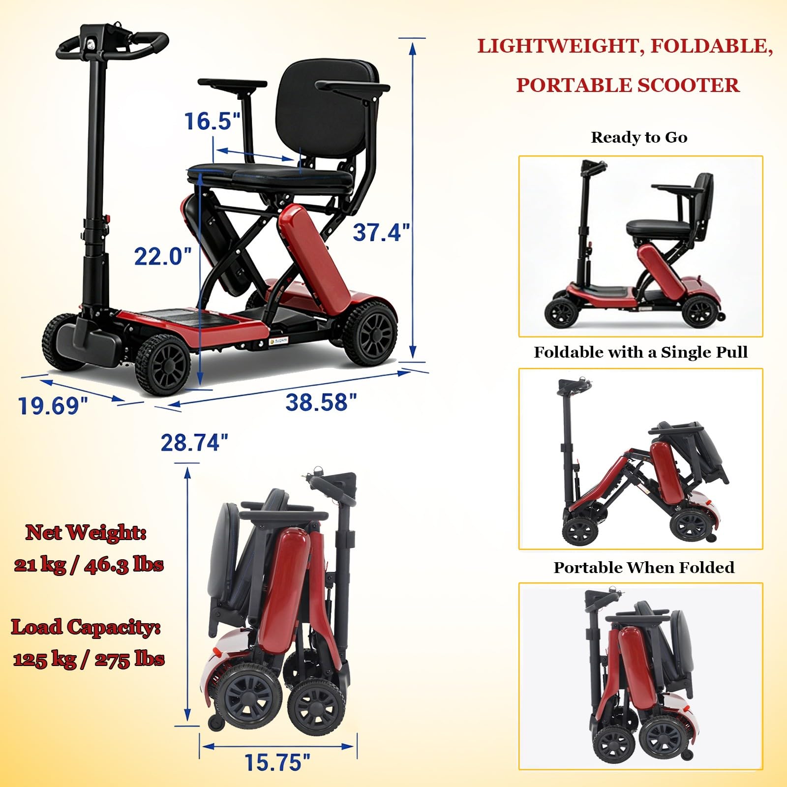 Scooters pour Seniors,Modèle Scooter De Mobilité Portable,Scooter De Mobilité Électrique Pliable,avec Deux Batteries Au Lithium De 6 Ah,avec Absorption des Chocs Red