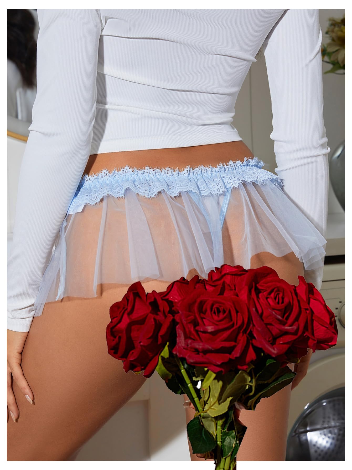 OYOANGLE Women's Mesh Babydoll Lingerie Cute Bow Tie Ruffle Lace Trim Thong Panty Low Rise Underwear