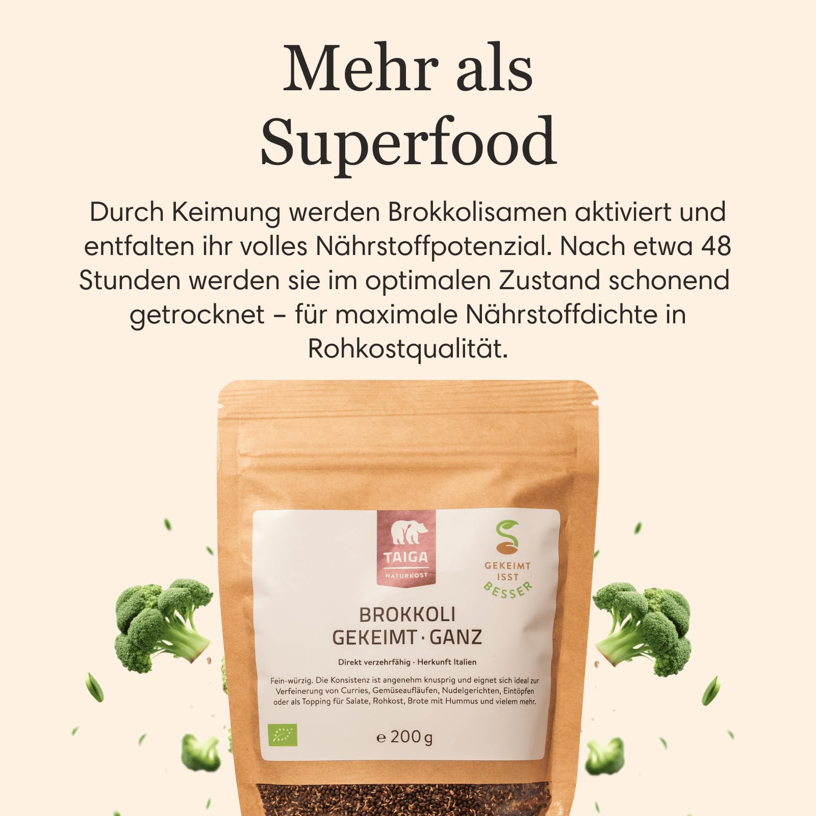 TAIGA Naturkost - Gekeimte Bio Brokkolisamen, Sprossen - 200g, mit hohem Sulforaphangehalt, Bio-Qualität (200g (3er Pack))