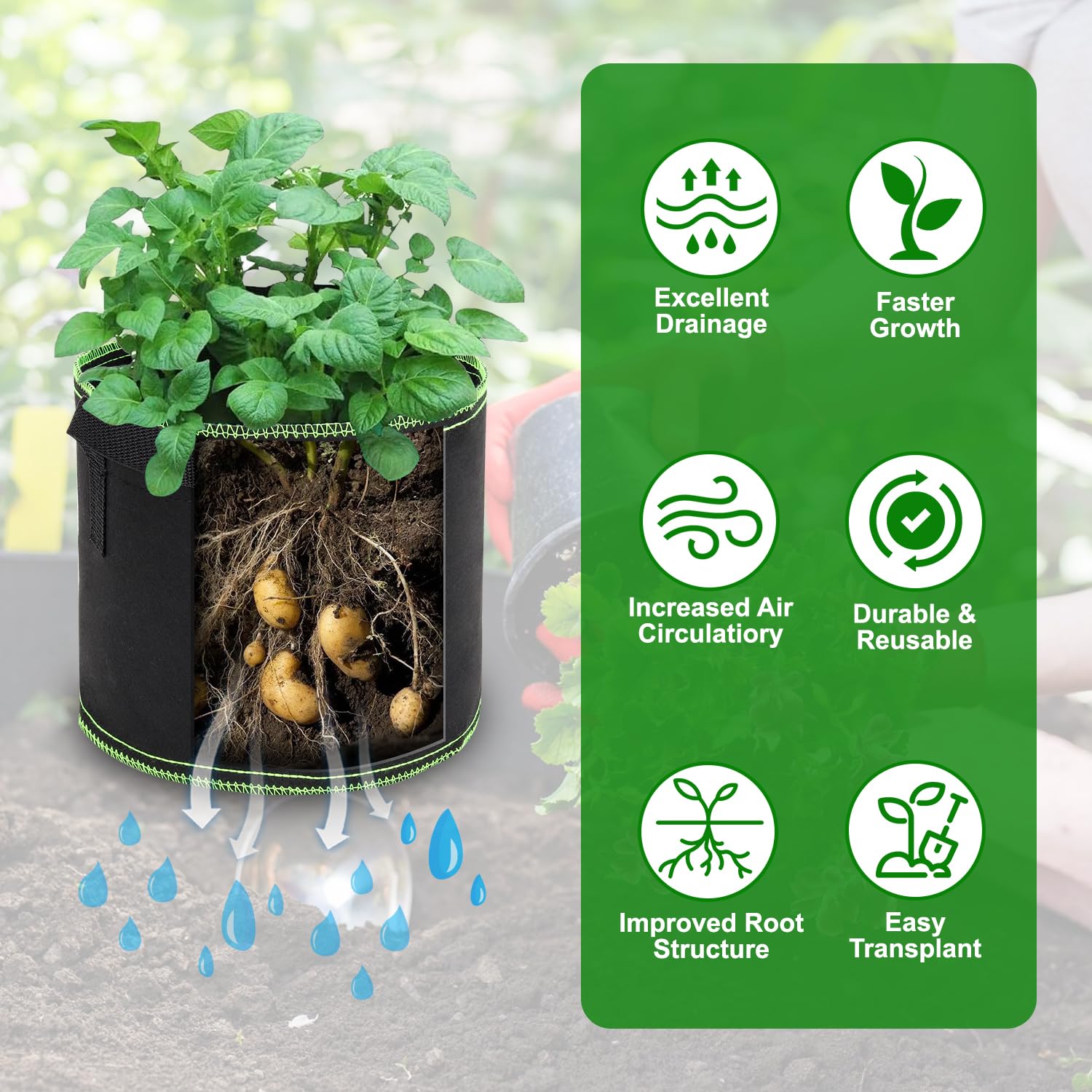 Sacs De Plantation 19L Sac De Plantation 19L, Sacs De Culture De Plantes Avec Poignée, Réutilisables Sacs à Plantes, Sac Vegetaux Pour Fleurs Légumes, Pomme De Terre, Plante, Tomate, Végétale, Noir, 10