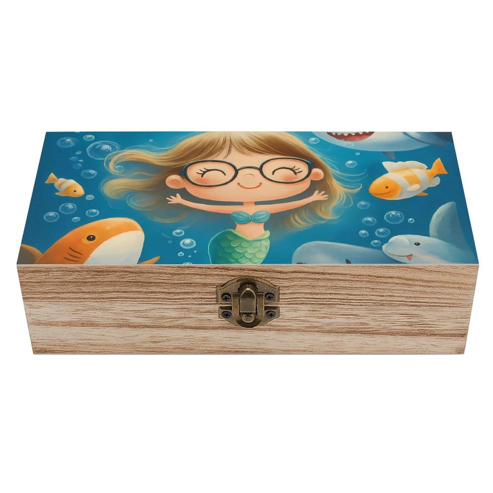 HLBSDM Cartoon Fish & Lovely Mermaid Retro Wooden Storage Box Jewelry Art Gift Boxs Decorative Keepsake Boxes