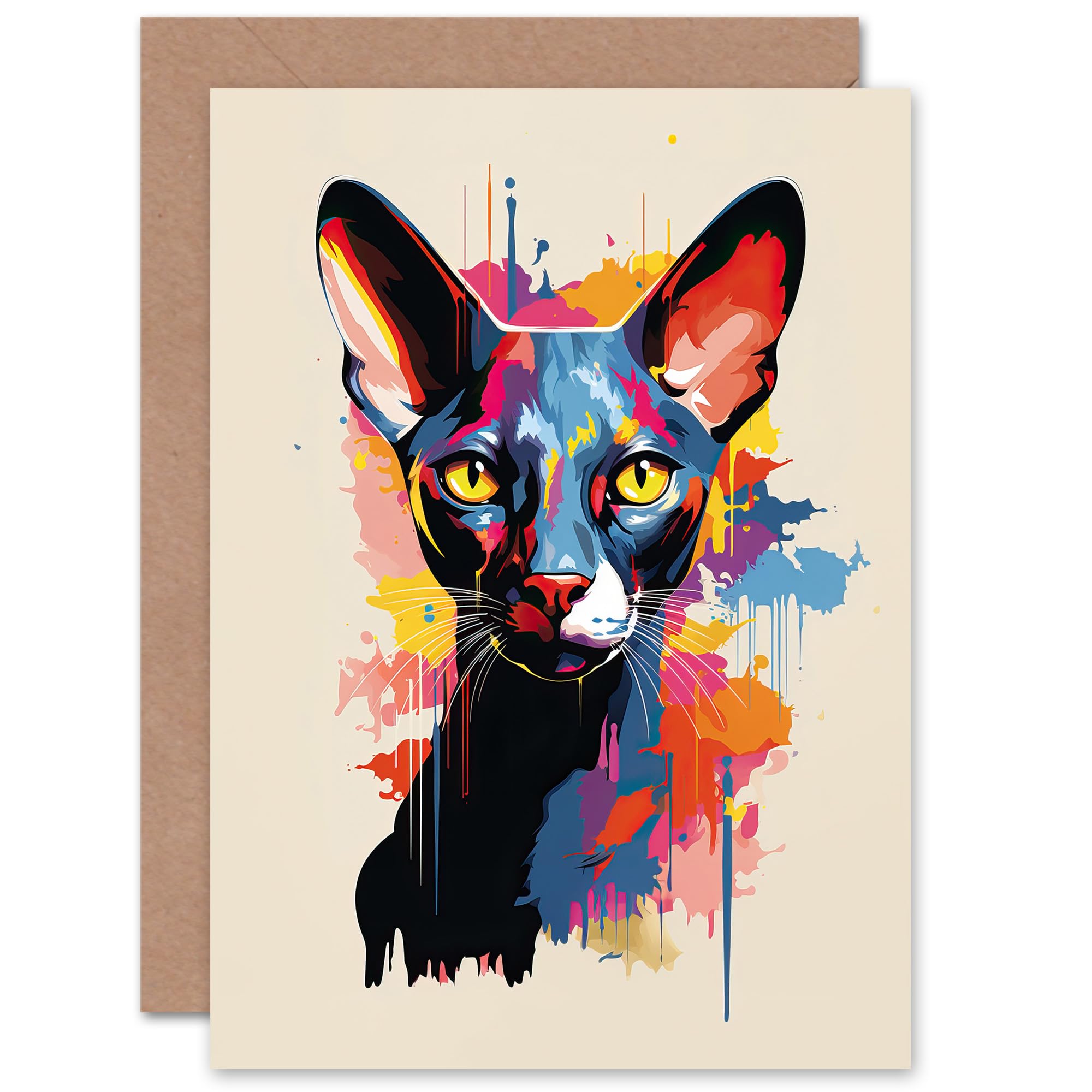 Artery8 Oriental Shorthair Cat Lover Gift Pet Portrait Orange Blue Pink Artwork Painting Sealed Greeting Card Plus Envelope Blank inside