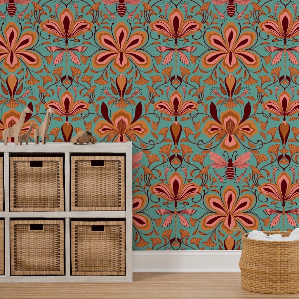 Removable Wallpaper 6ft x 2ft - Bees Dragonfly Floral Art Nouveau Dragonflies Flowers Birds Coral Aqua Bright Entomology Custom Pre-Pasted Wallpaper by Spoonflower