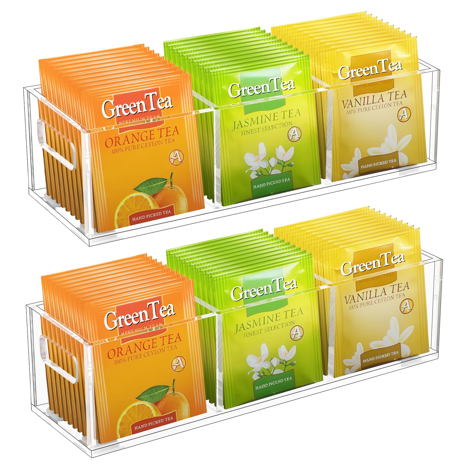 EsLuker.ly Tea Bag Holder Organizer for Counter Small Acrylic Teabag Caddy Storage, 2 Pack Clear Tea Bar Station Accessories with Easy Access for Kitchen Office Countertop Cabinet Drawer