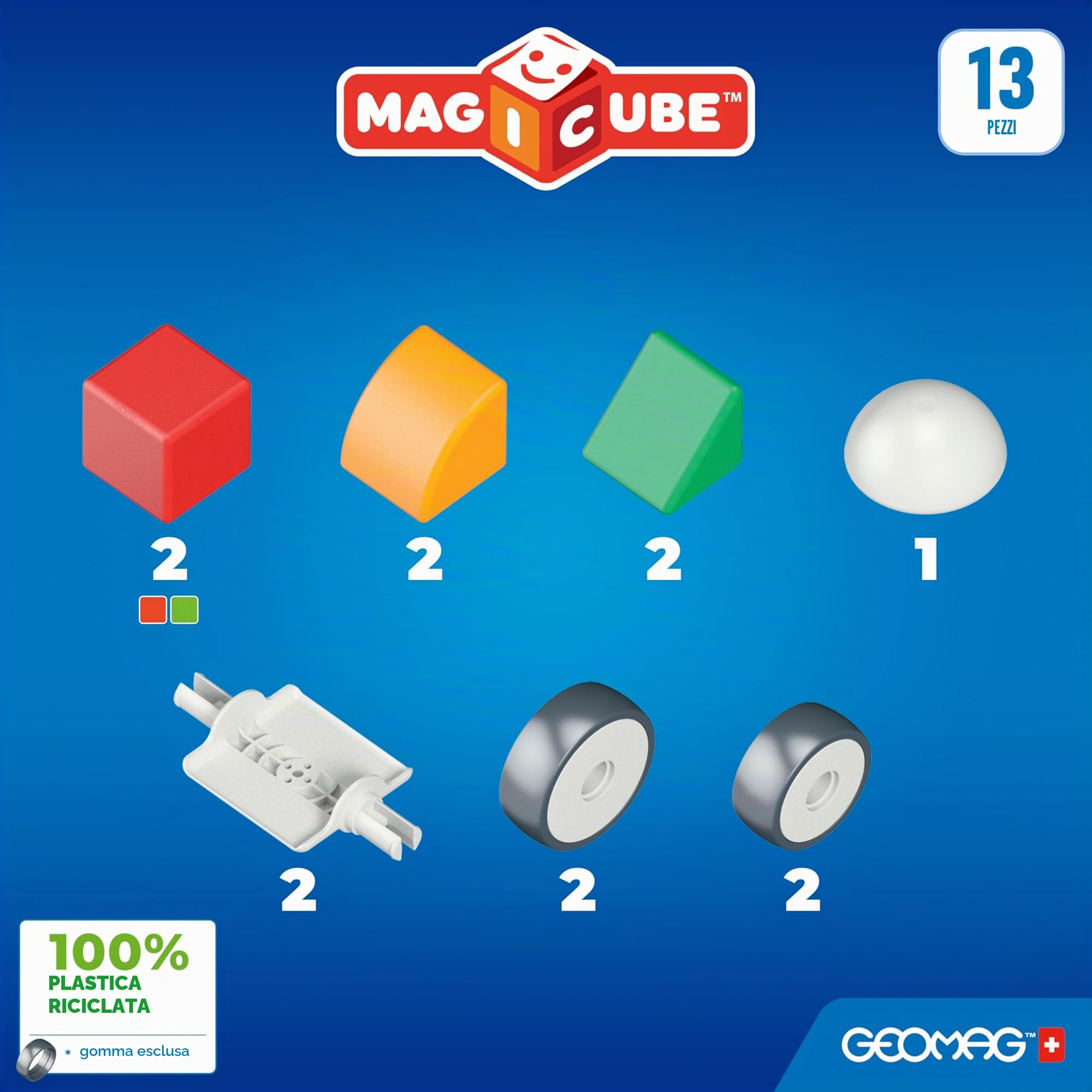 Geomag - Magicube 1+ Shapes - Blocchi Magnetici per Bambini - 4 Colori e Forme - Confezione da 13 Cubi - 100% Plastica Riciclata