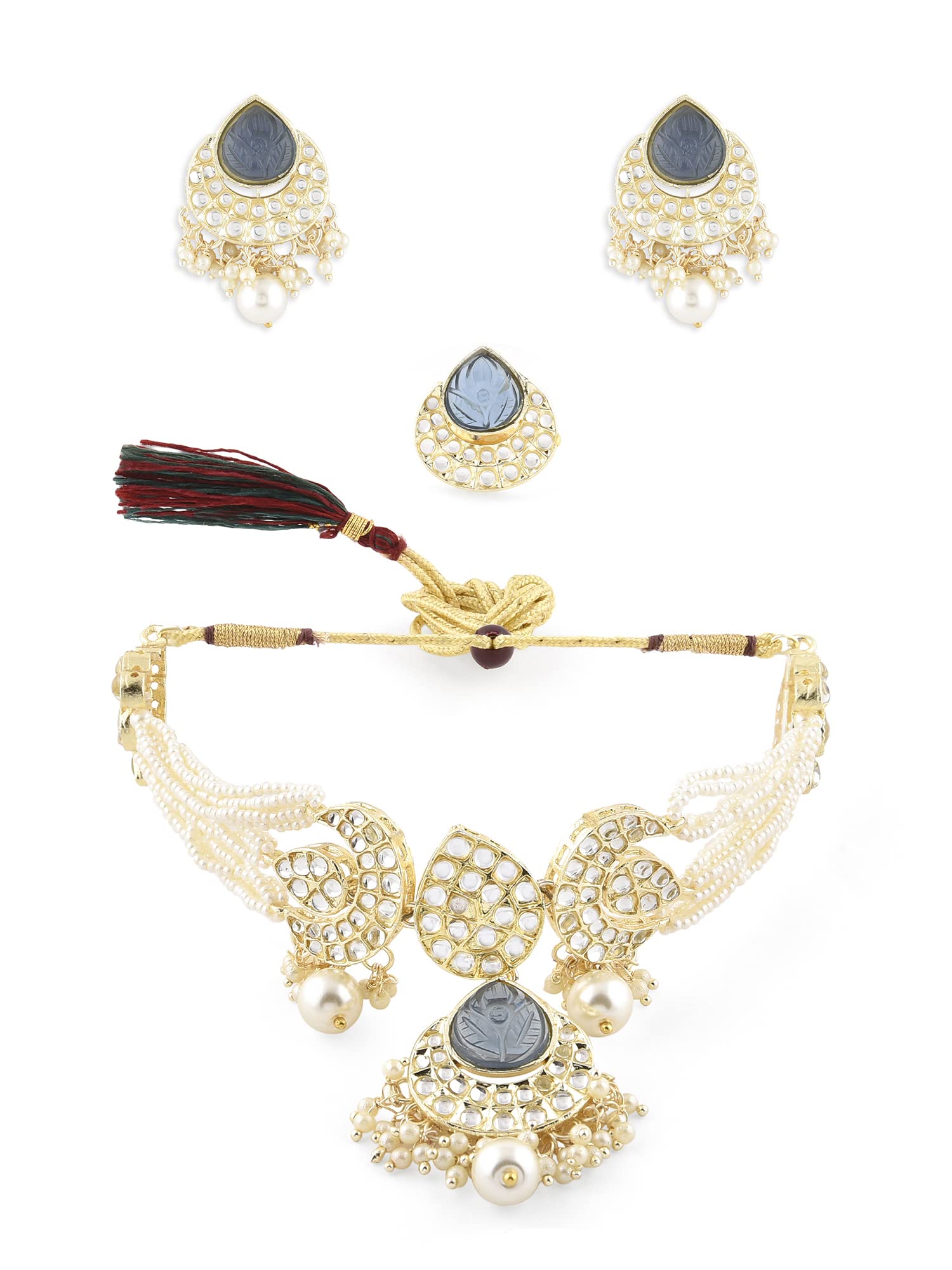 ZAVERI PEARLS Grey Stones Embellished Multistrand Pearls Choker Kundan Necklace Earring & Ring Set For Women-ZPFK14629 (B0BCGNXJLQ) Amazon Price History, Amazon Price Tracker