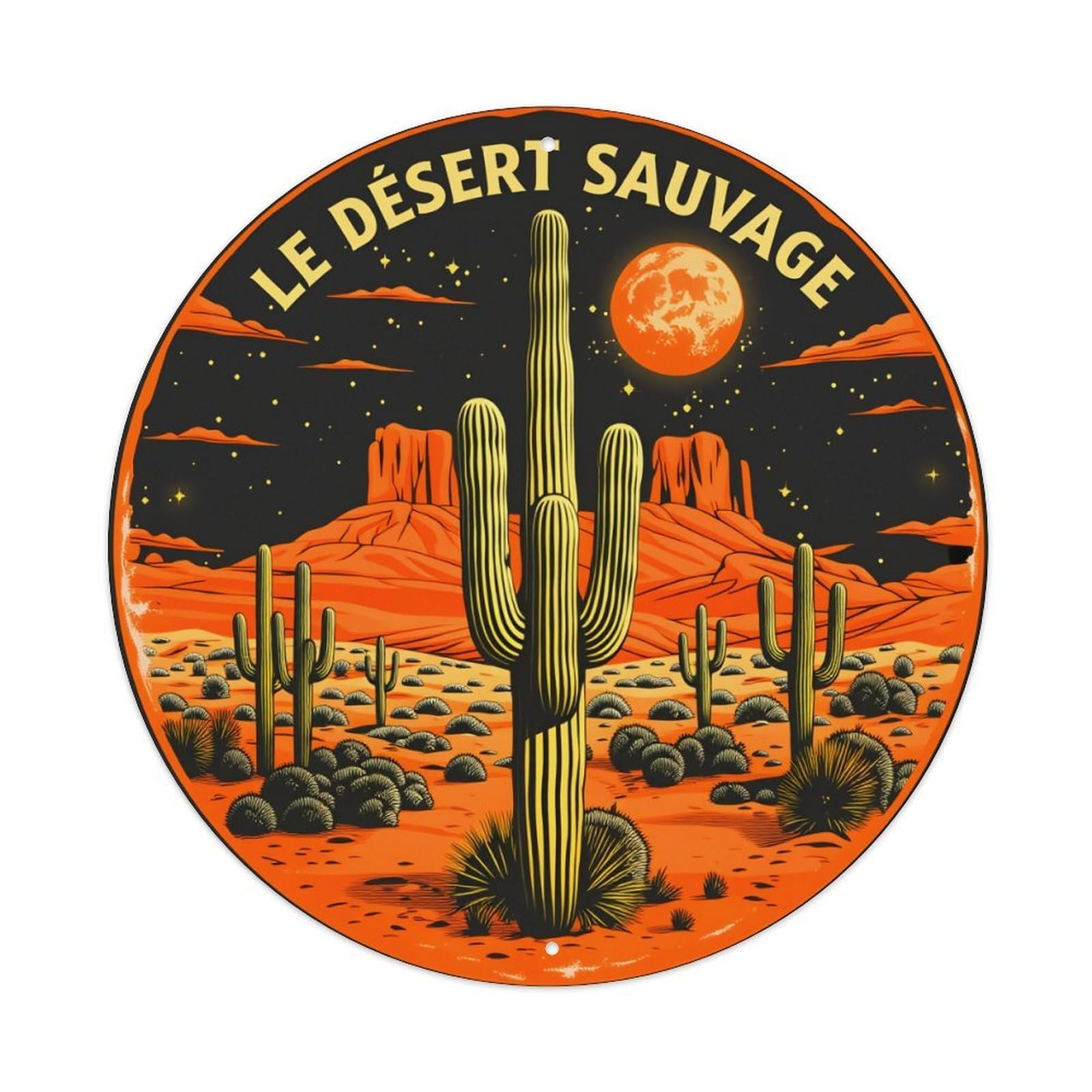 Desert Cactus Moon Night Stars Vintage Metal Tin Sign Retro Wall Decor for Home Bar Garage Cafe, Indoor & Outdoor Decorative，circle Metal Poster, 8x8 Inch