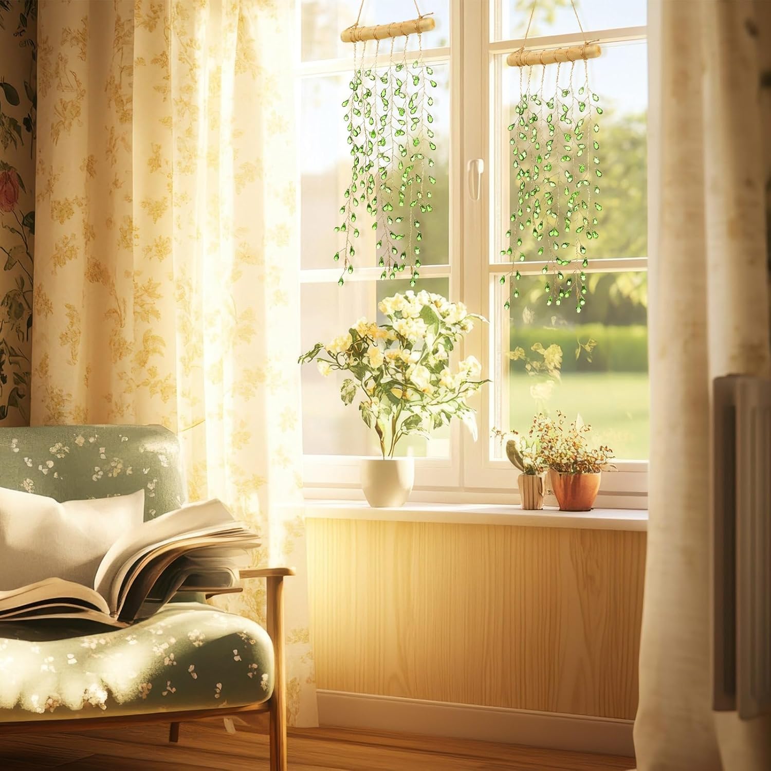 2 Pcs Crystal Suncatchers for Window Boho Decor Hanging Sun Catcher Making Rainbow Green Plants Artificial Crystal Prisms Wind Chime with Chain for Garden Home Wedding Ornament Gift