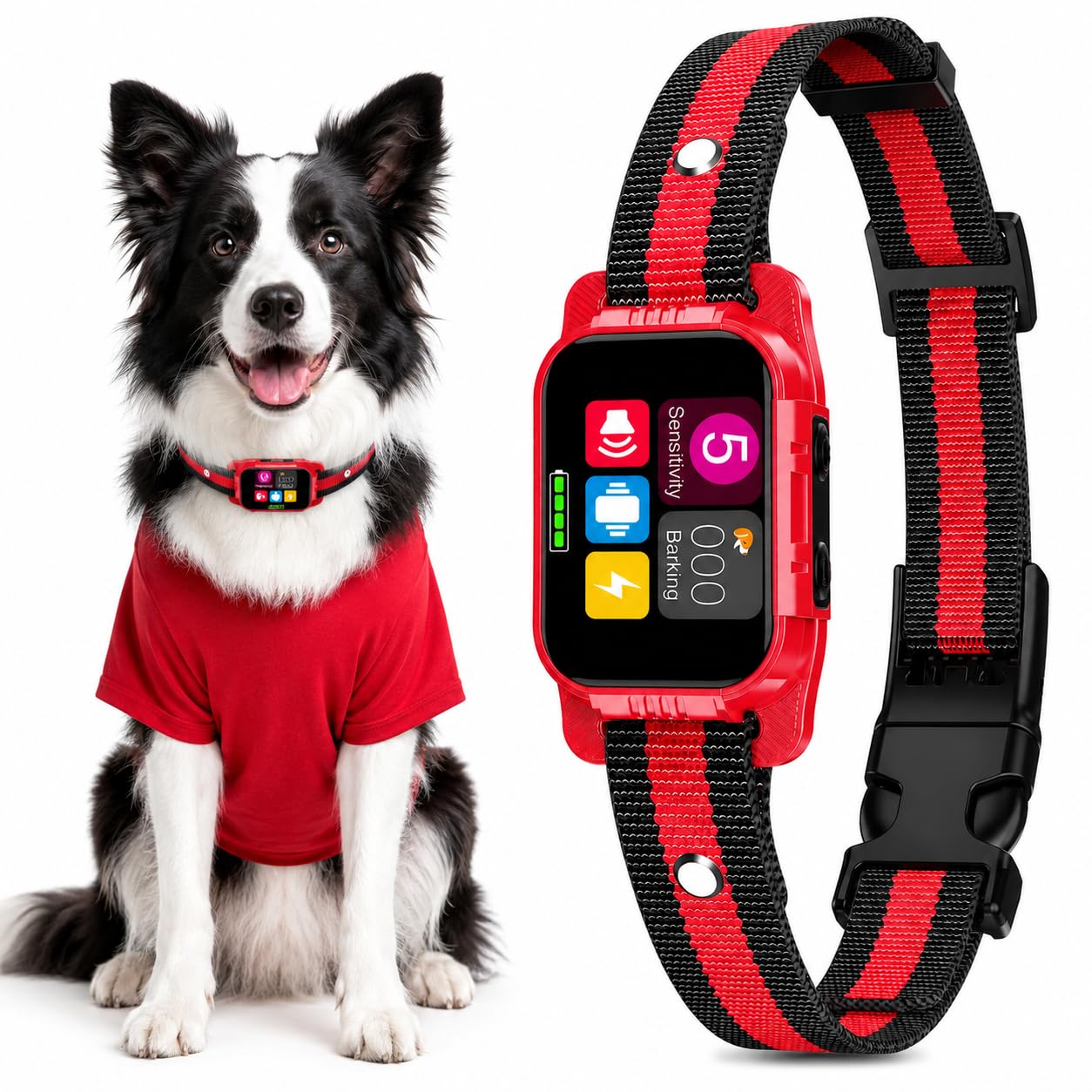 Smart Dog Bark Collar - Anti Barking Device for Large Medium Small Dogs, Stop Excessive Barking &amp; Aggression Behavior, with 5 Modes &amp; 5 Sensitivity, IP67 Waterproof for Indoor/Outdoor Use, Red