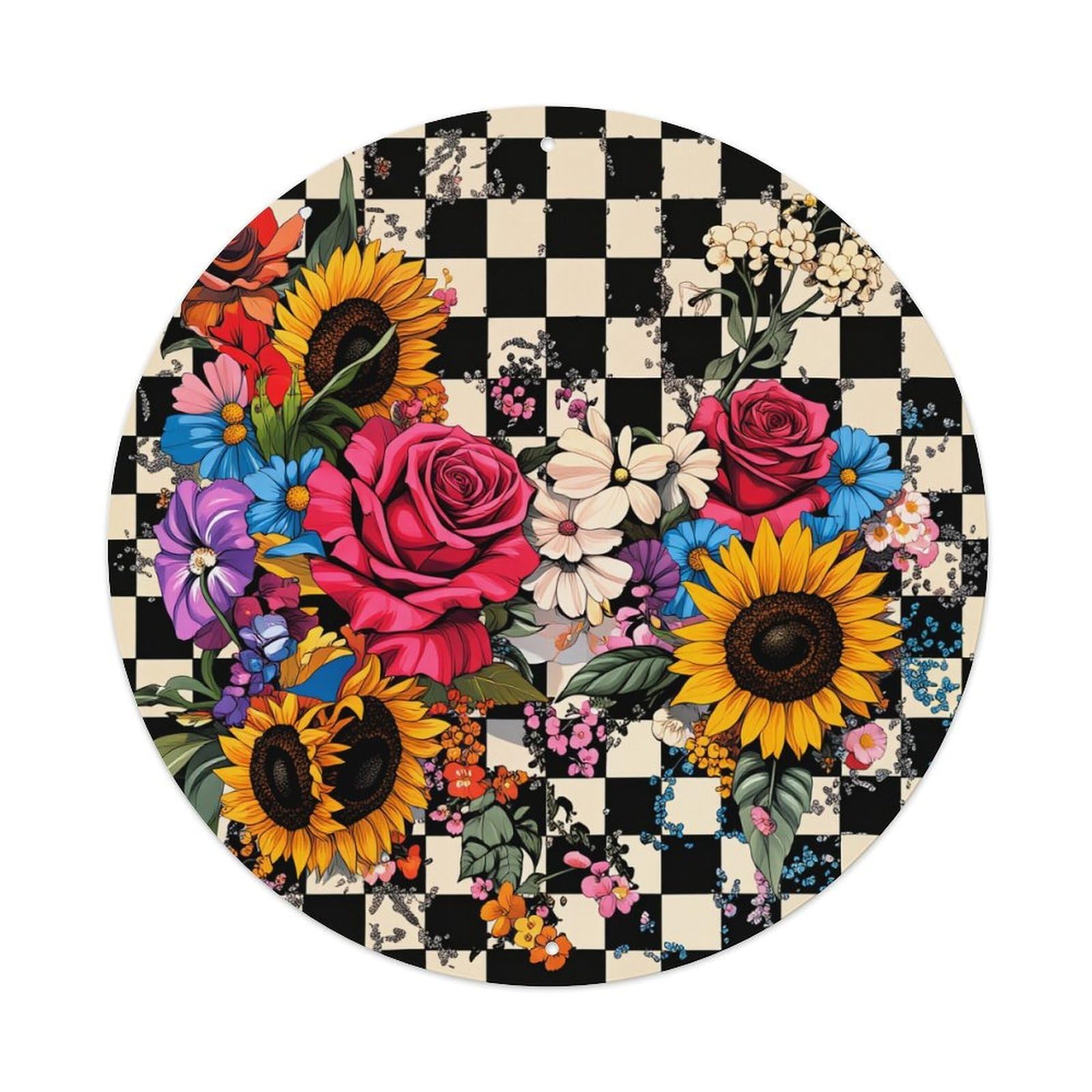 Floral Bouquet Checkerboard Pattern Round Tin Sign Vintage Metal Poster, Home Bar Garage Man Cave Cafe Indoor & Outdoor Wall Decoration 8x8Inches
