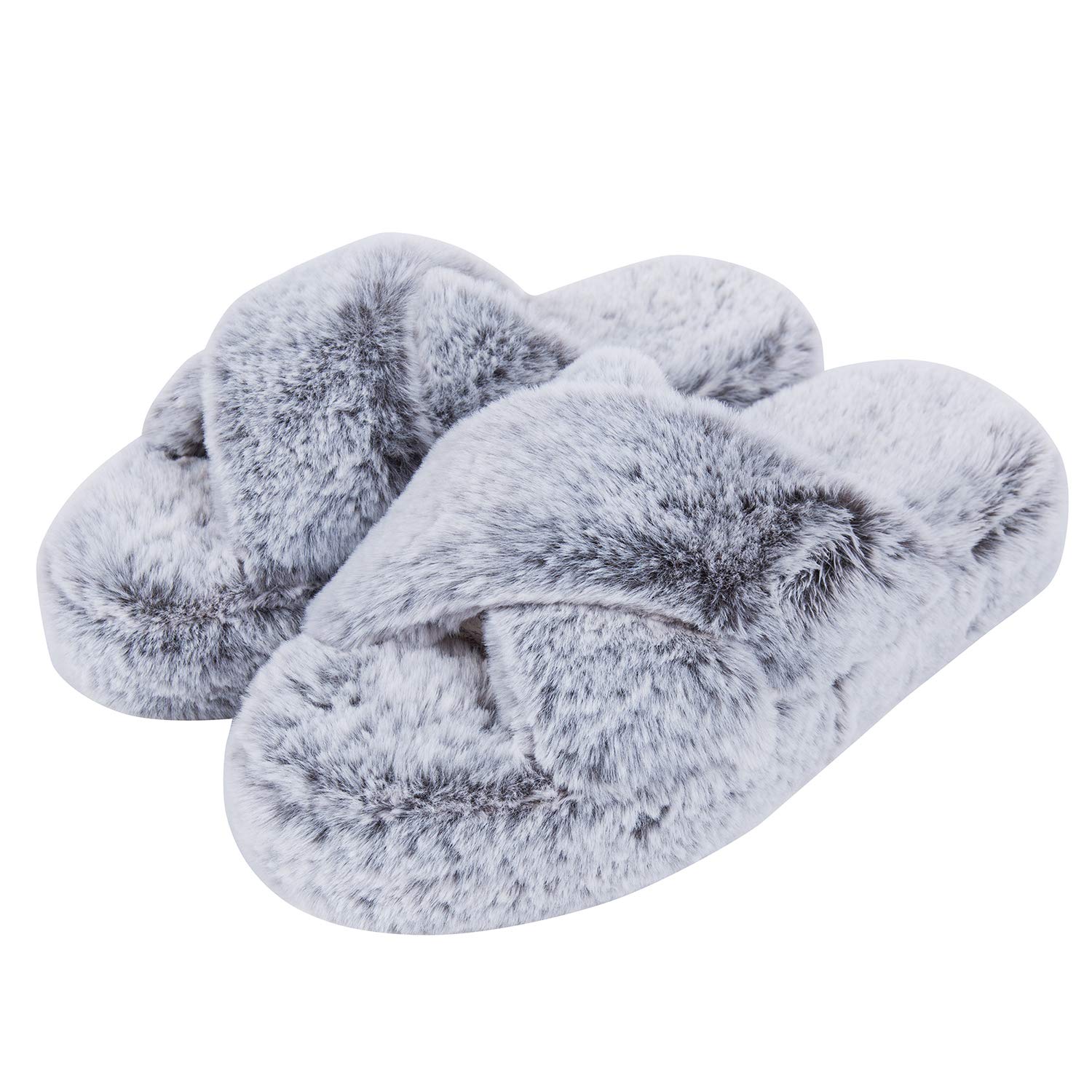 DL Fluffy Womens House Slippers Cross Band Open Toe, Soft Plush Fleece Bedroom Slippers Women Memory Foam, Comfy Fuzzy Slip On Non-Slip Womens