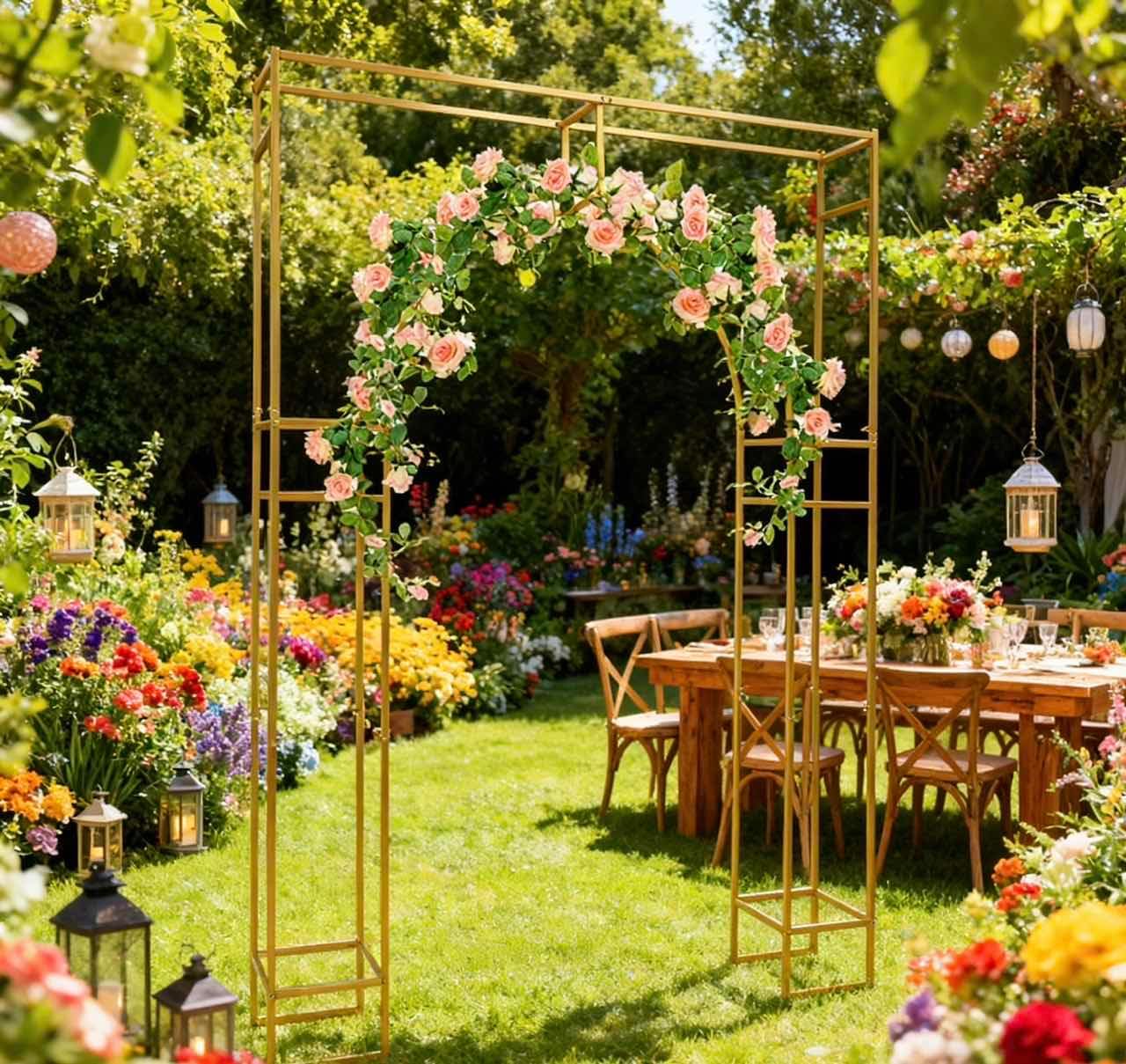 Wedding Arch Backdrop Stand Gold 5.91 x 7.87FT Wedding Arches Square Metal Balloon Arch Stand Garden Arbor Frame Arch Drapery Sheer Fabric Backdrop Curtain for Photo Booth Background Decoration