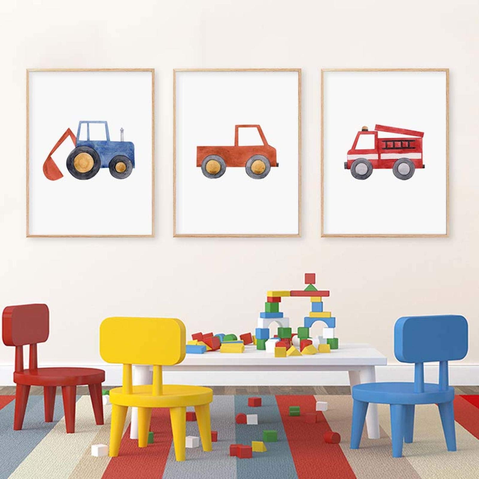 Pintura en lienzo lindo niño mecánico azul tractor camión de bomberos arte de la pared carteles e impresiones decoración del dormitorio de los niños 40x60cm (16x24in) x3 marco interior