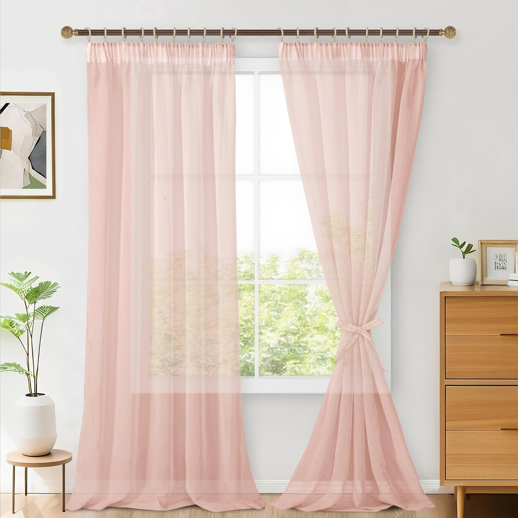 Hiasan 2er Set Sheer Voile gardinen vorhänge gardine Wohnzimmer mit Kräuselband Curtains scheibengardinen Vorhang Transparente Durchsichtig Luftig Dekoschal für Schlafzimmer