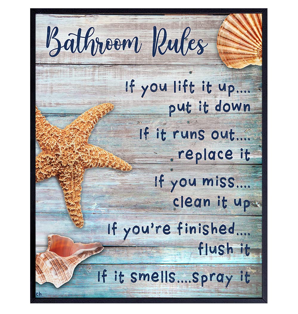 Beach Bathroom Decor - Coastal Nautical Rustic Bathroom Decor -Starfish, Seashells Restroom, Bath Art - Ocean, Sea House Wall Art, Home Decoration - Unique Shabby Chic Gift - Blue Sign 8x10 print