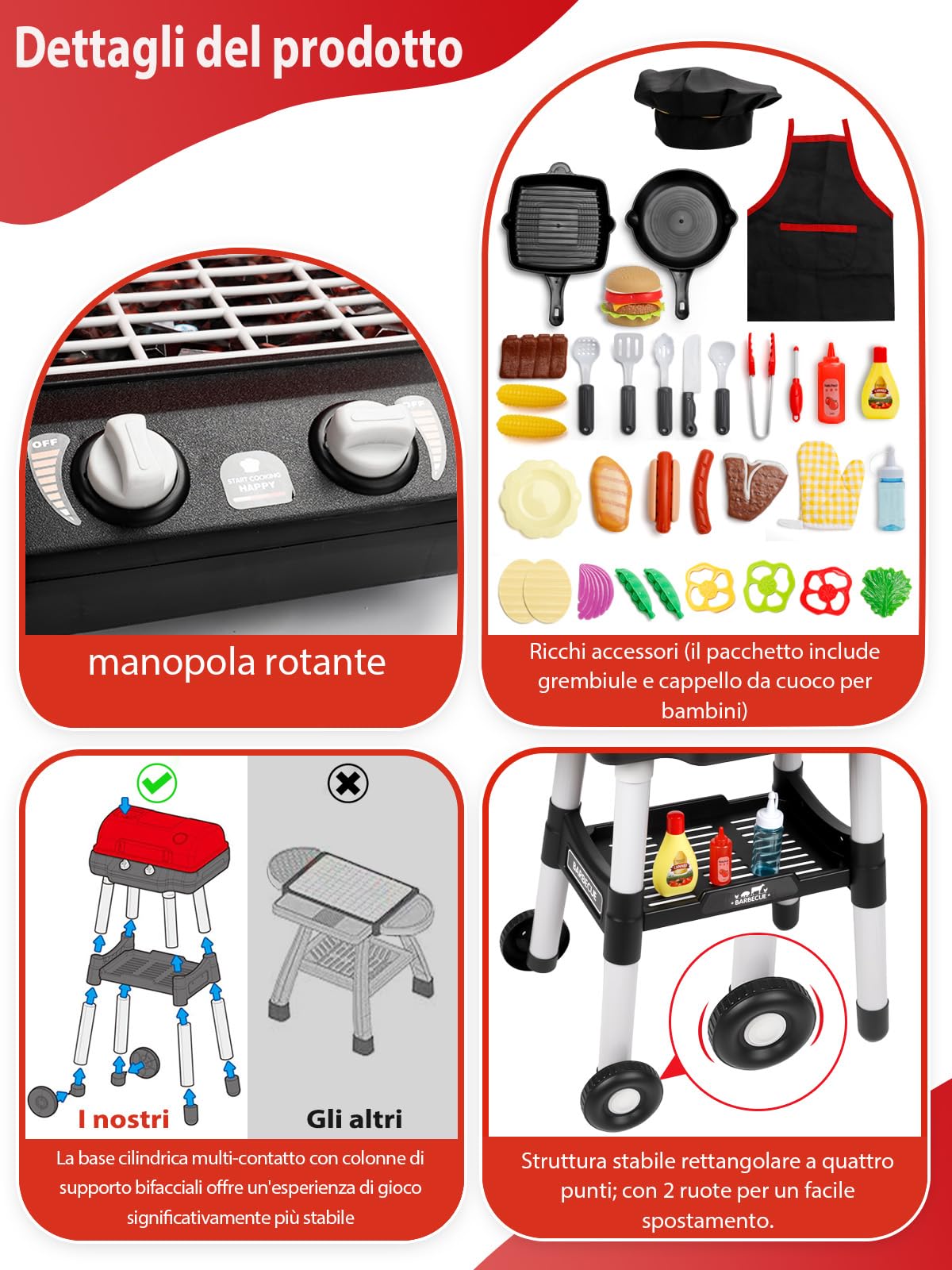 Grill da cucina per bambini con luci, suoni e fumo simulato completo di grembiule e cappello da chef compleanni giocattoli interattivi per piccoli chef