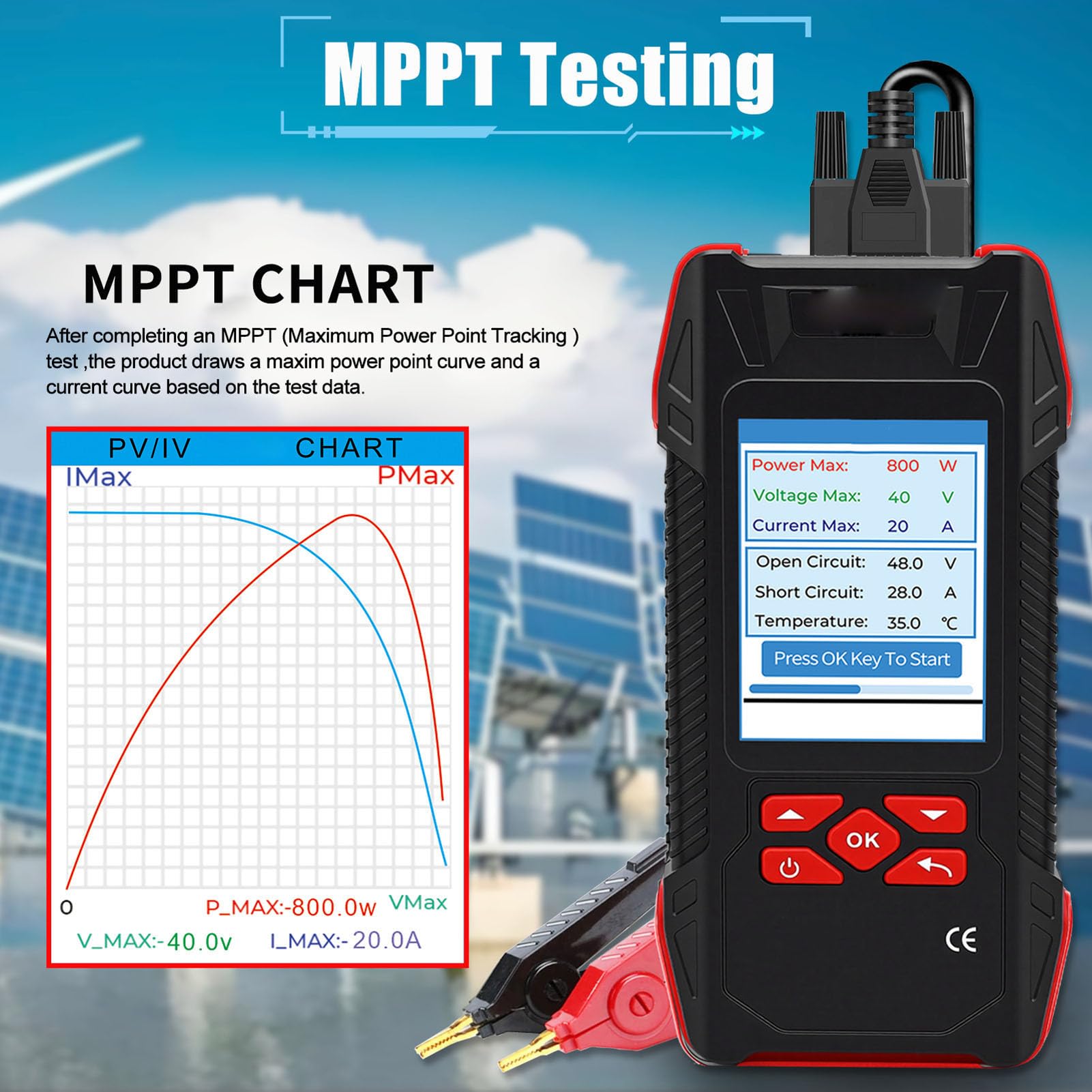 Jectse Misuratore MPPT per Tester per Pannelli Solari da 2000 W, Misuratore di Test Fotovoltaico Professionale da 90 V 40 A, con Blocco Dati Retroilluminato, Display Curva MPPT