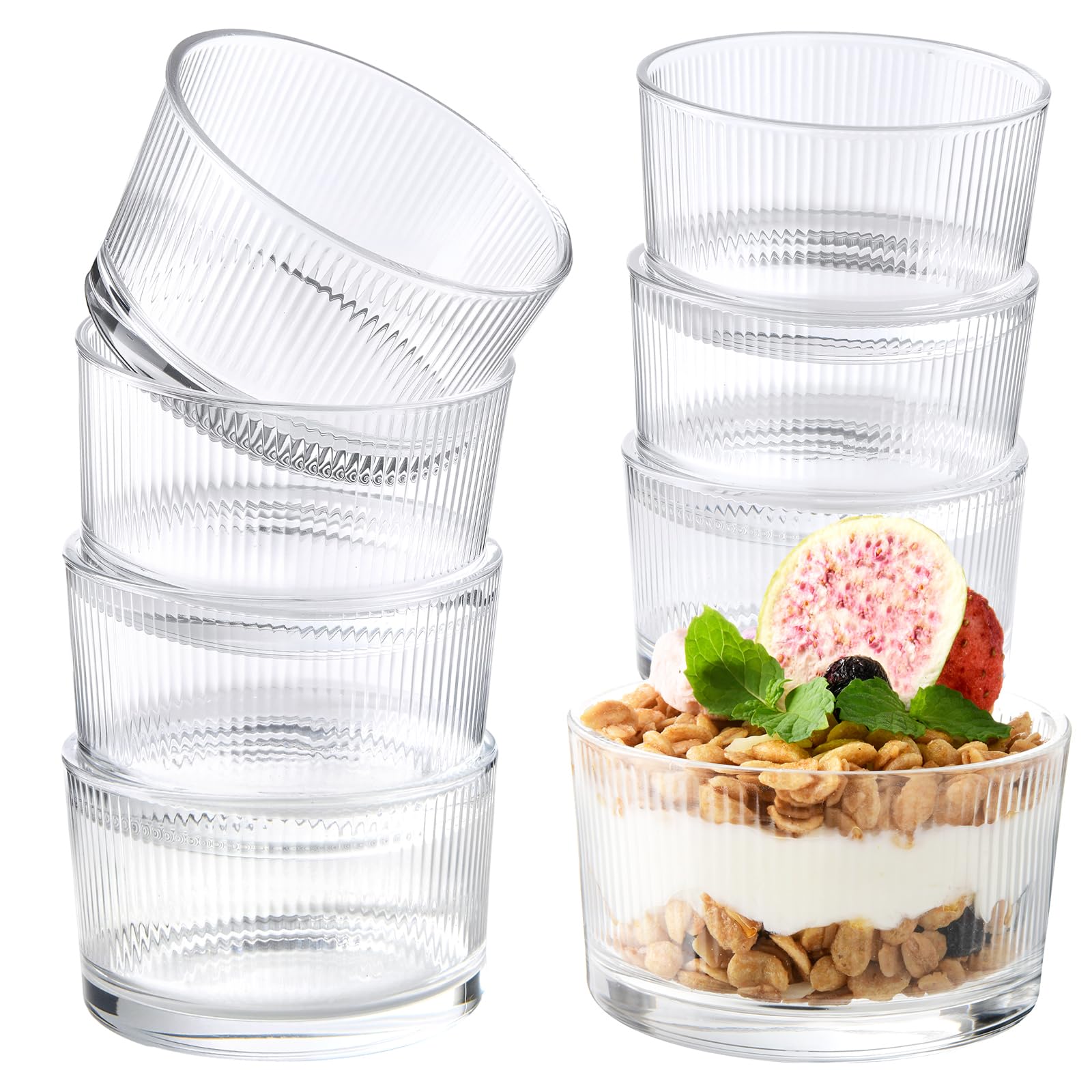 YBCPACK 8 Pack Small Glass Dessert Bowls, 6.5 oz Ribbed Ice Cream Bowls, Dishwasher Safe Dessert Glasses for Sundae, Salad, Fruit, Parfait