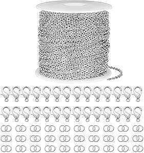 Chaîne Pour Bijoux 5 M Plaquée Argent – Avec 30 Fermoirs Mousquetons Et 30 Anneaux, Acier Inoxydable, DIY