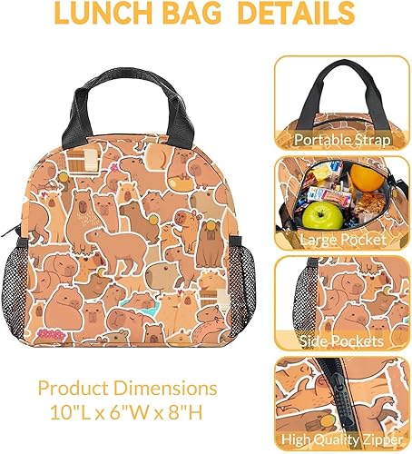 Miniatura 3 de Capybara - Loncheras Bento reutilizables aisladas con bolsillos pequeños, color marrón, bonita lonchera para niñas y niños, divertida bolsa de
