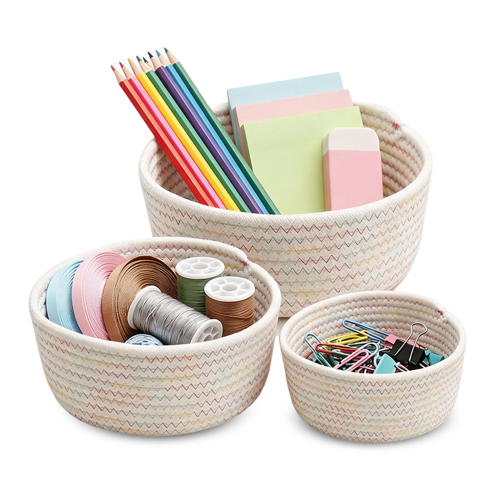 3 Pcs Small Woven Baskets, Cotton Rope Round Organizer for Shelves