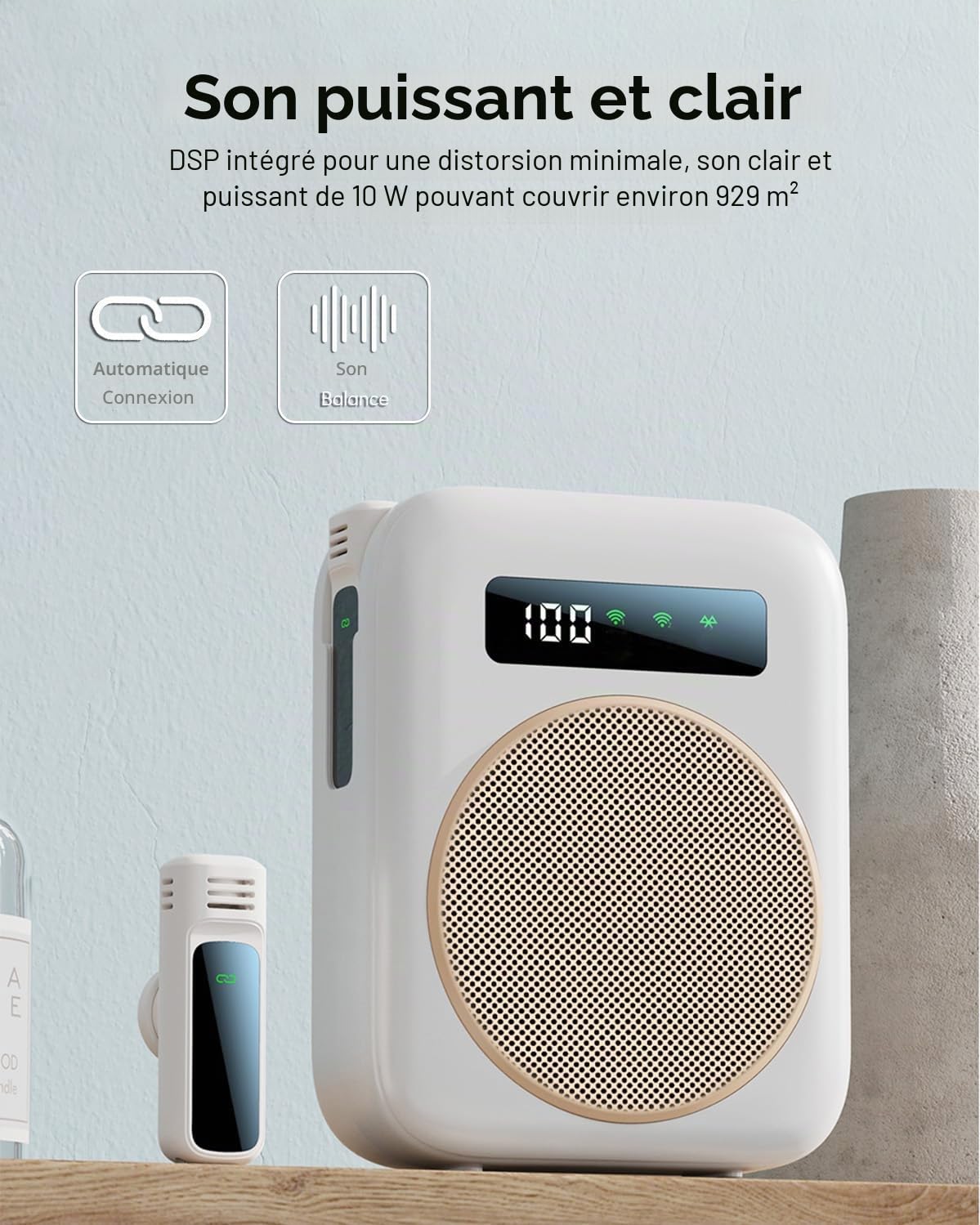 Amplificateur de Voix sans Fil Portable, Mini Amplificateur Vocal avec 2 Microphones à Revers, Beige