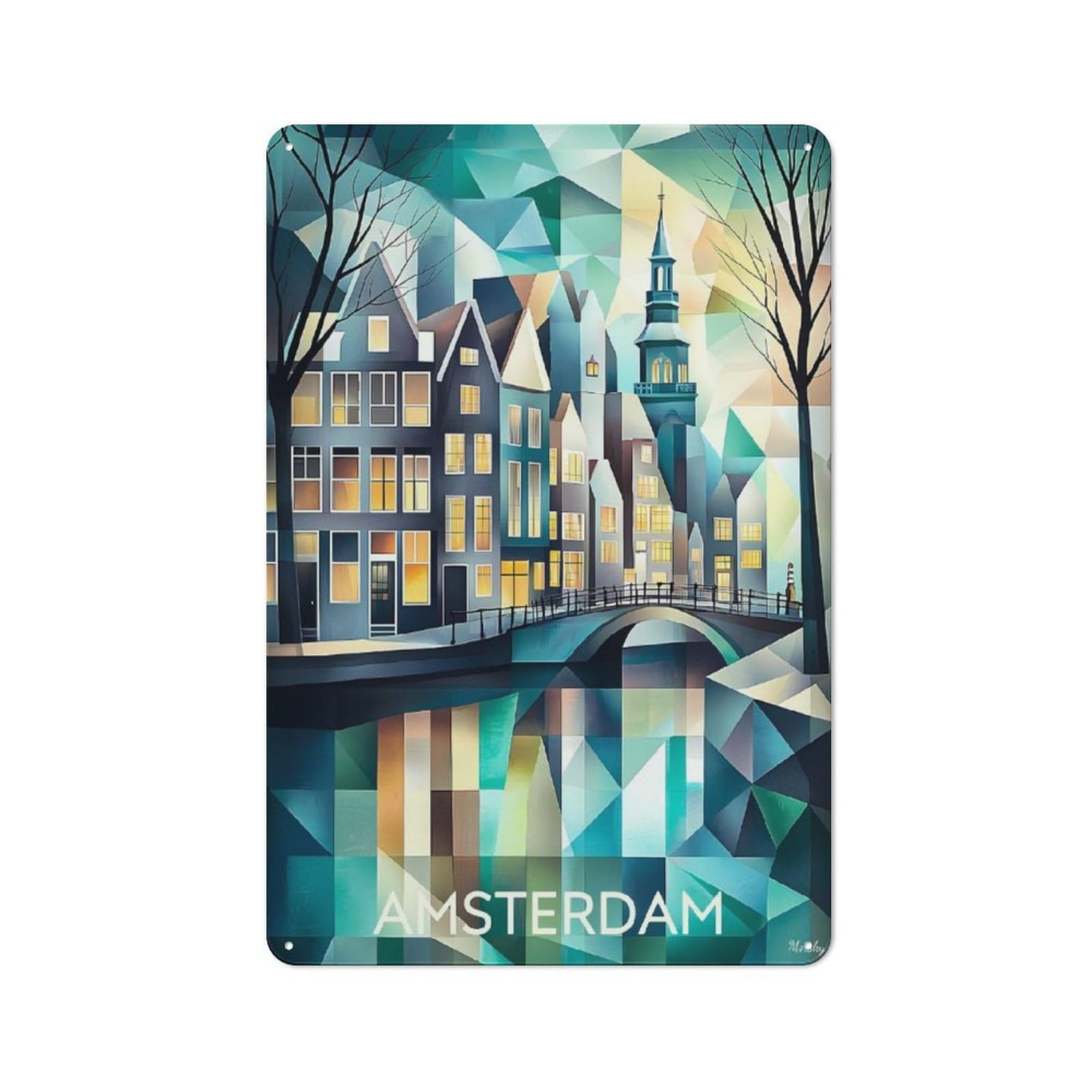 Junmoney Cubist Amsterdam Skyline With Iconic Canals For Garden Room Or Summerhouse, Rustic Tin Sign 30X20cm, Wall Decor For Garden Rooms And Summerhouses