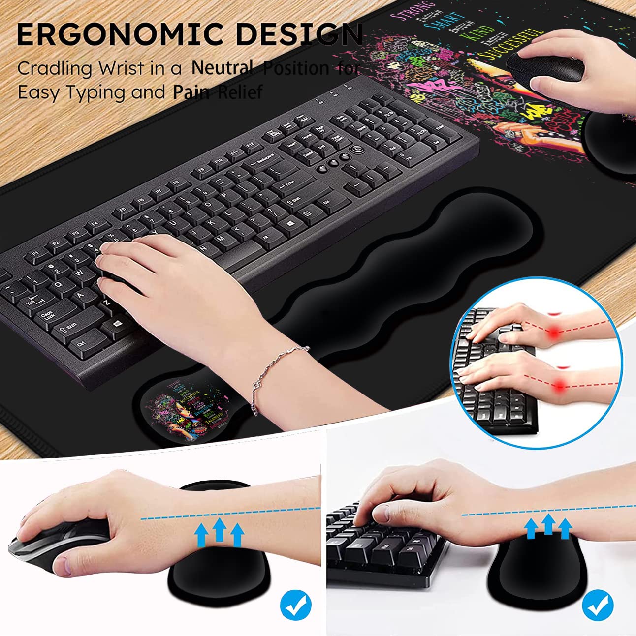 Alfombrilla grande extendida para mouse + soporte para reposamuñecas para teclado, reposamuñecas ergonómico de espuma viscoelástica, 4 piezas (31.5 x 11.8 pulgadas), juego de almohadillas de