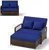 RELAX4LIFE Wicker Patio Outdoor Daybed - Rattan Sunbed Loveseat Sofa Set w4-Level Adjustable Back, Cushions & Pillows, Storage Ottoman, 2-Person Bed Lounger for Backyard Porch, Patio Daybed Navy