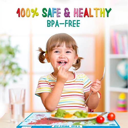 Miniatura 6 de merka Manteles individuales infantiles con mapa del mundo para niños, para mesa de comedor, Atlas Mundial, mapa, países, continentes y océanos,