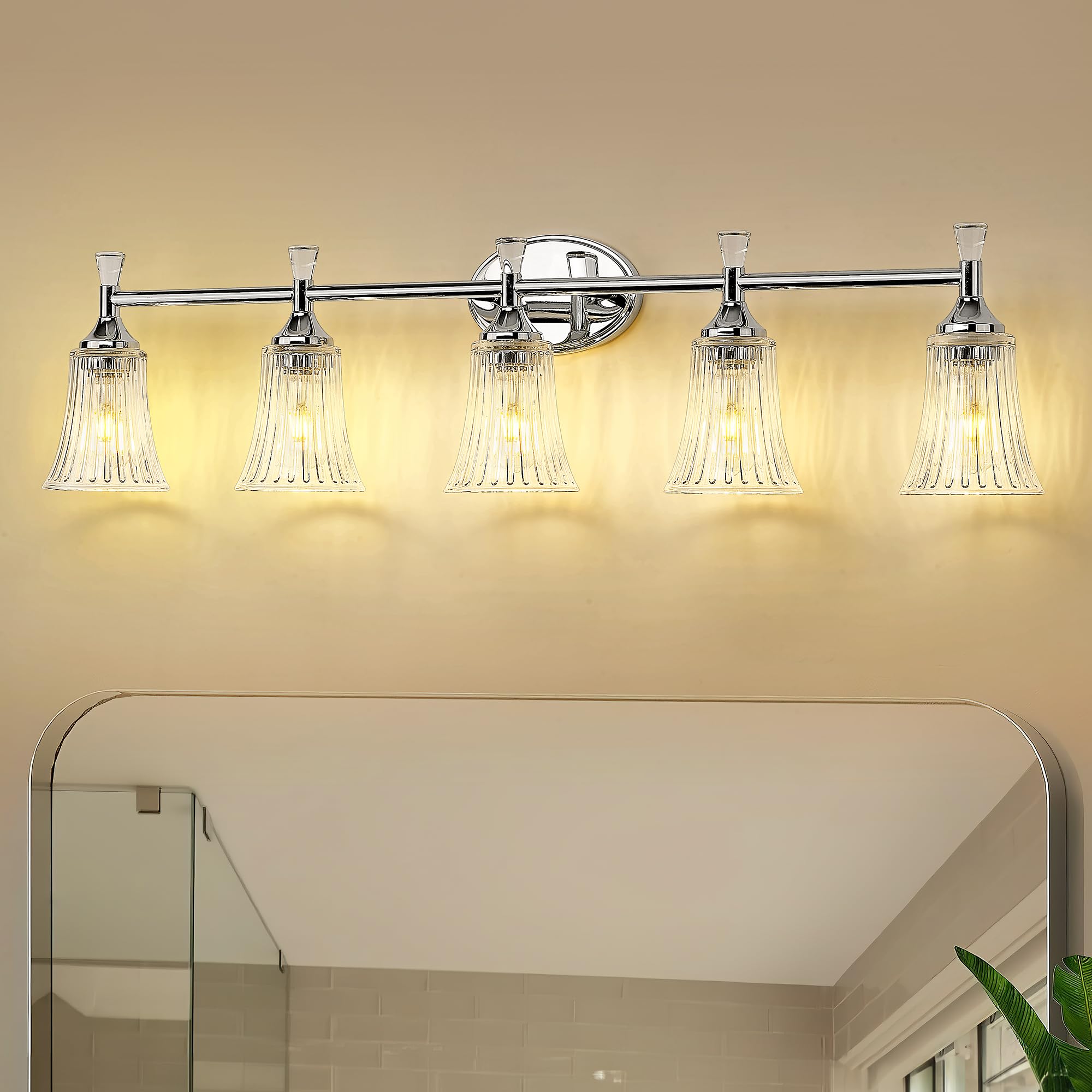 zeyu 39 Inch 5-Light Bathroom Light Fixtures, Industrial Modern Vanity Lights for Bathroom with Bell Shaped Fluted Glass, Chrome Finish, ZSL87B-5W CH