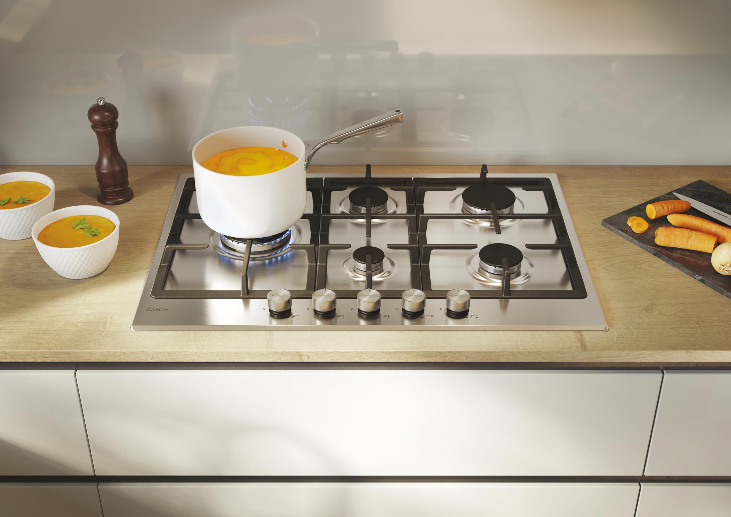 Candy Moderna Piano Cottura a Gas 5 Fuochi Acciaio Inossidabile Bruciatore Doppia Corona Griglie Lavabili Lavastoviglie 80x74,5x51 cm Inox CHG7WL4WTX
