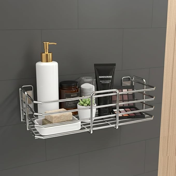 Stainless Steel Bathroom Shelf for Wall, Bathroom Rack, Wall Mount Rack for Kitchen, Bathroom Accessories and Organizer (Silver,12X5 Inches) Set-1