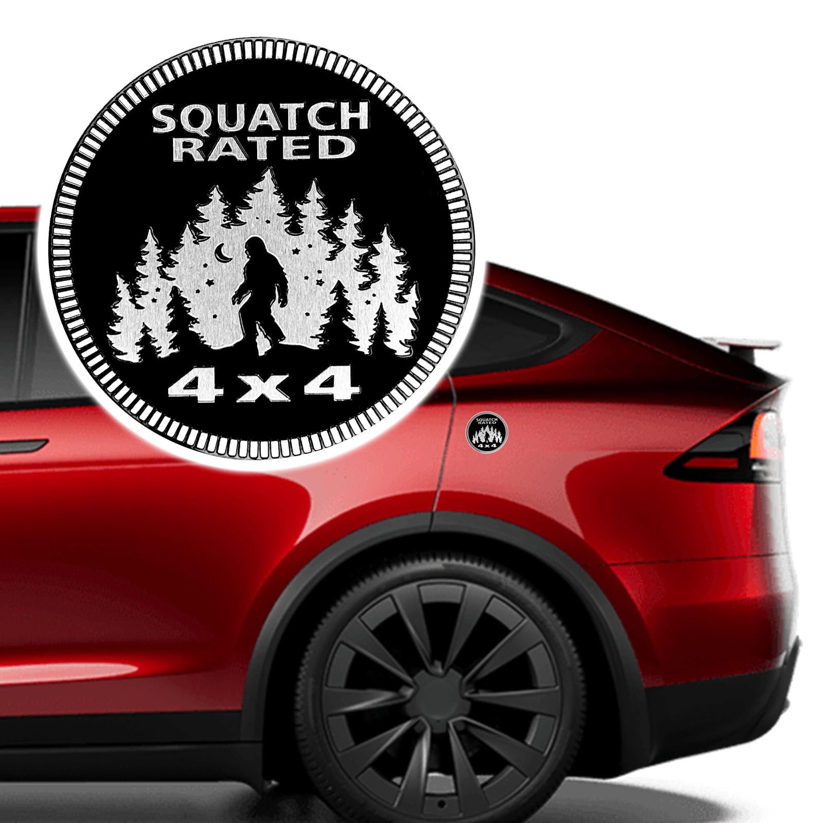 Squatch Badge Rated Car Emblem, 4 x 4 3D Metal Automotive Badges, Car Exterior Accessories Round Emblems Decals Stickers Compatible with Jeep Wrangler Grand Cherokee Renegade (Squatch)