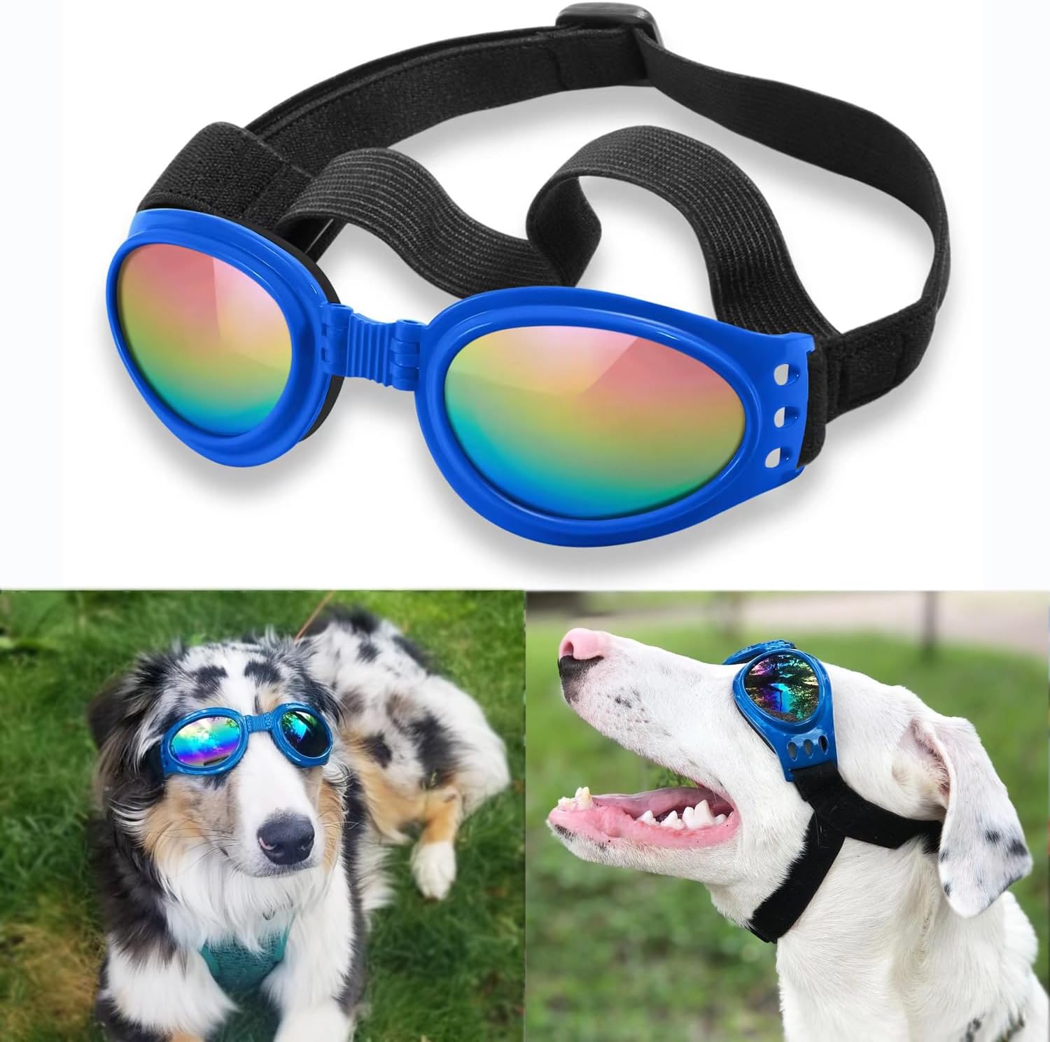 QUMY Dog Sunglasses Dog Goggles for Medium Large Breed Dogs, Wind Dust Fog Protection Eye Wear Pet Glasses with Adjustable Strap for Motorcycle Car Driving Bike Riding Hiking Swimming Over 15lbs Blue