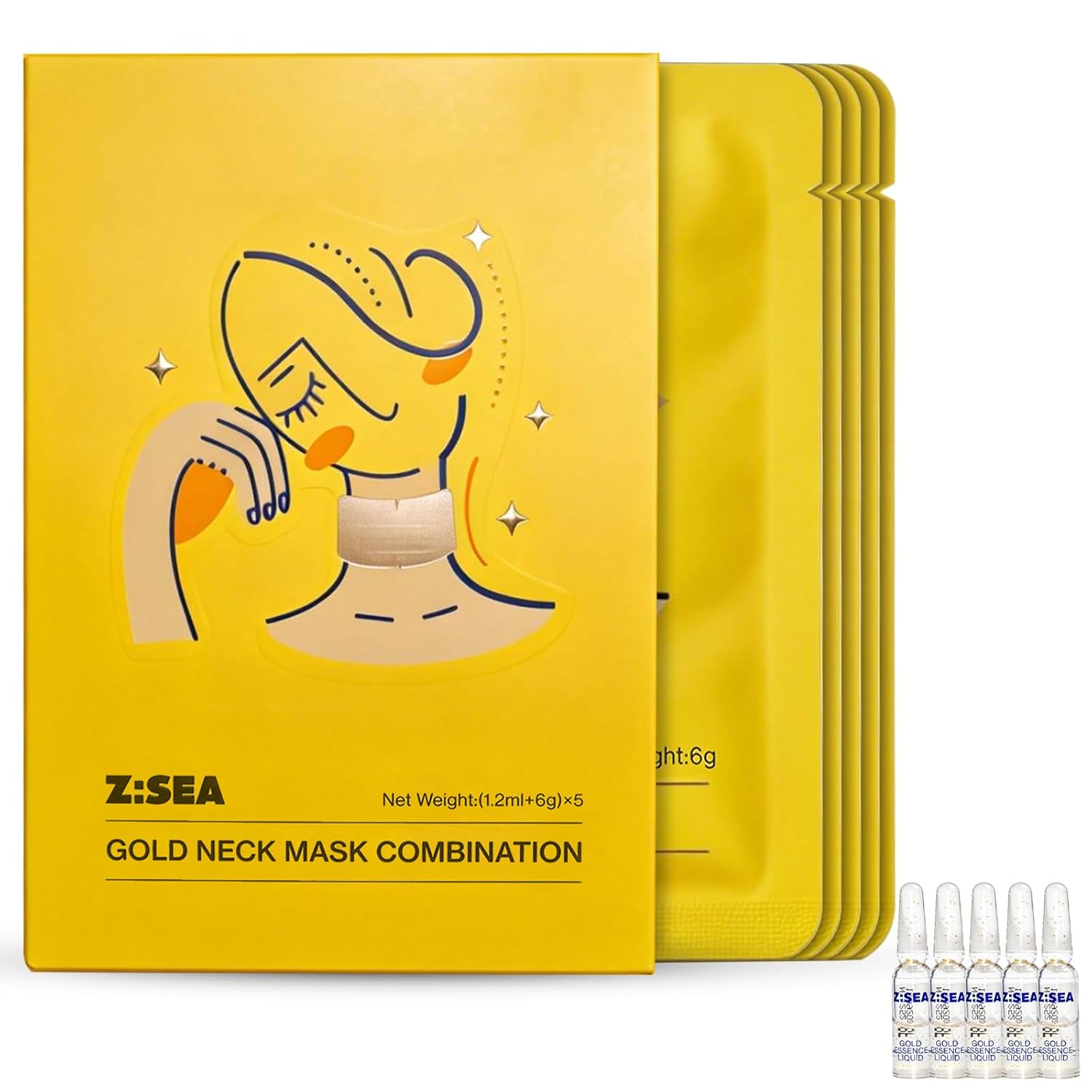 Z:SEA Collagen Cream Neck Mask & 98% Real Gold Serum Set – 2-Step Anti-Aging for Crepey Skin & Tech Neck, Firming, Lifting, Brightening, Hydrating, Smooth Fine Lines, 11 Peptides, Hyaluronic Acid, 5Ct