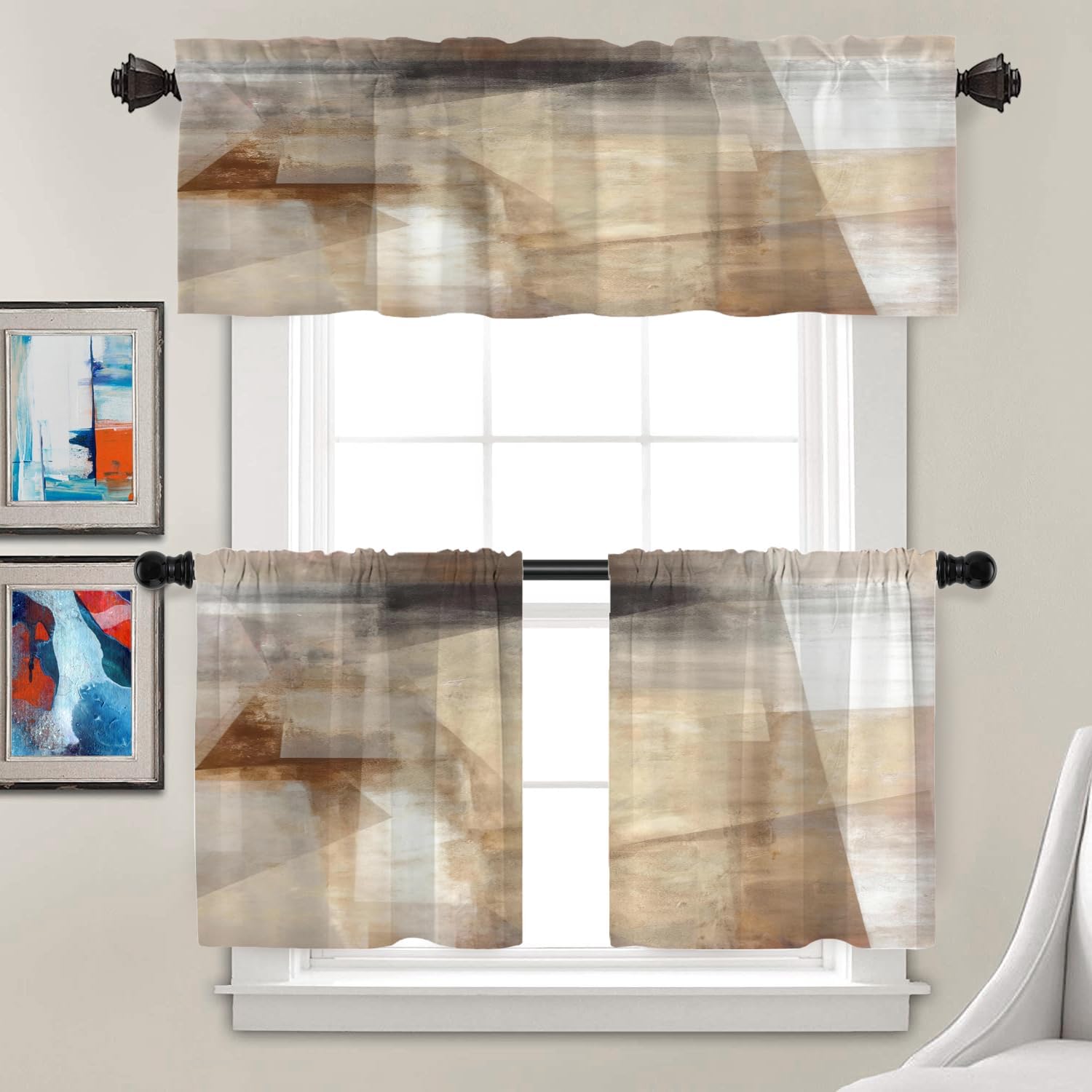Batmerry Brown Abstract Art Valance Curtains, Beige Painting Window Treatment Kitchen Valances Multilayer Polyester Blackout for Living Room/Bathroom, 2 Pack 52x16 inches