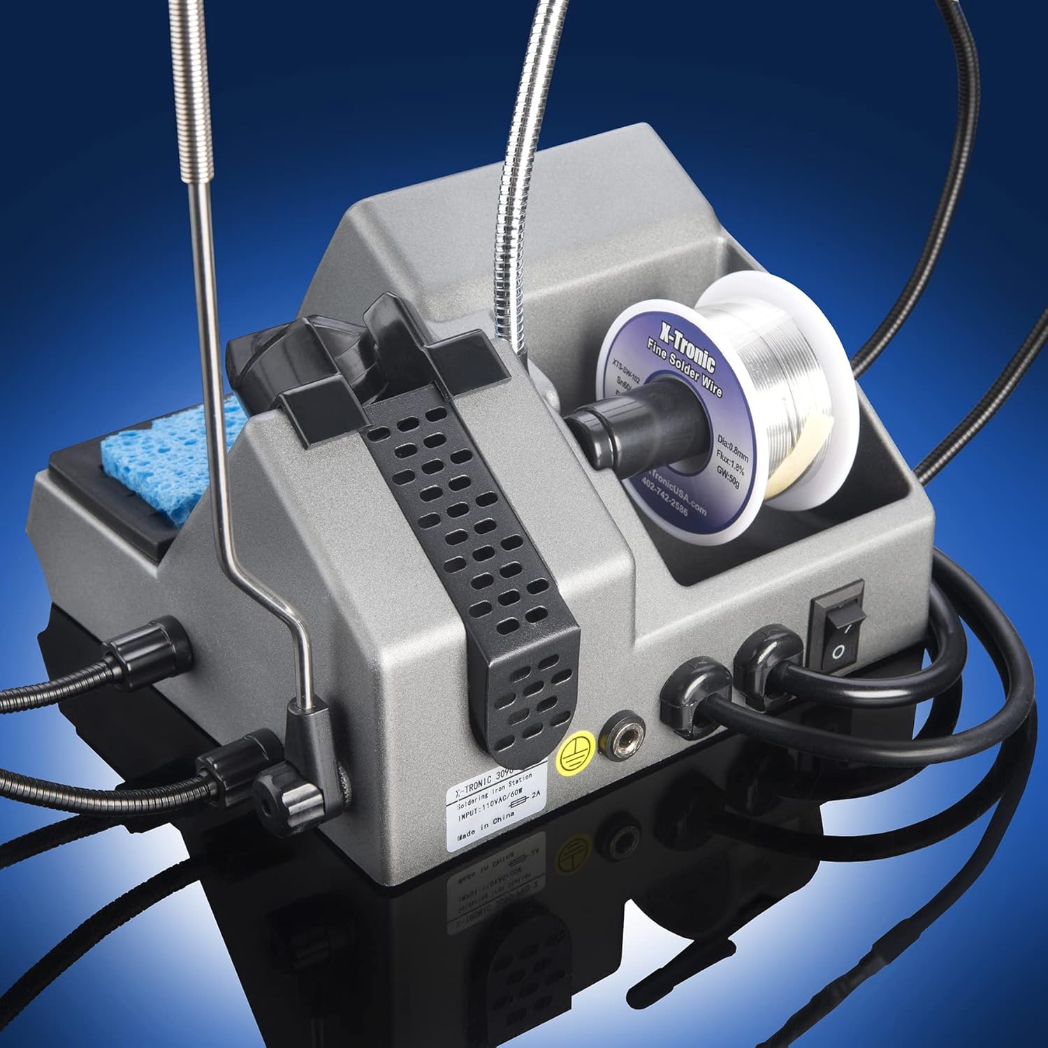 X-Tronic 3090-PRO-X – 75 W Soldering Iron Station – 5 Extra Tips, 2 LED Displays, Sleep Func, C/F, 3 Temp Presets, Mini Mag Lamp, 4 Helping Hands, Solder Sucker, Tweezers, Solder, Brass & Wet Sponges