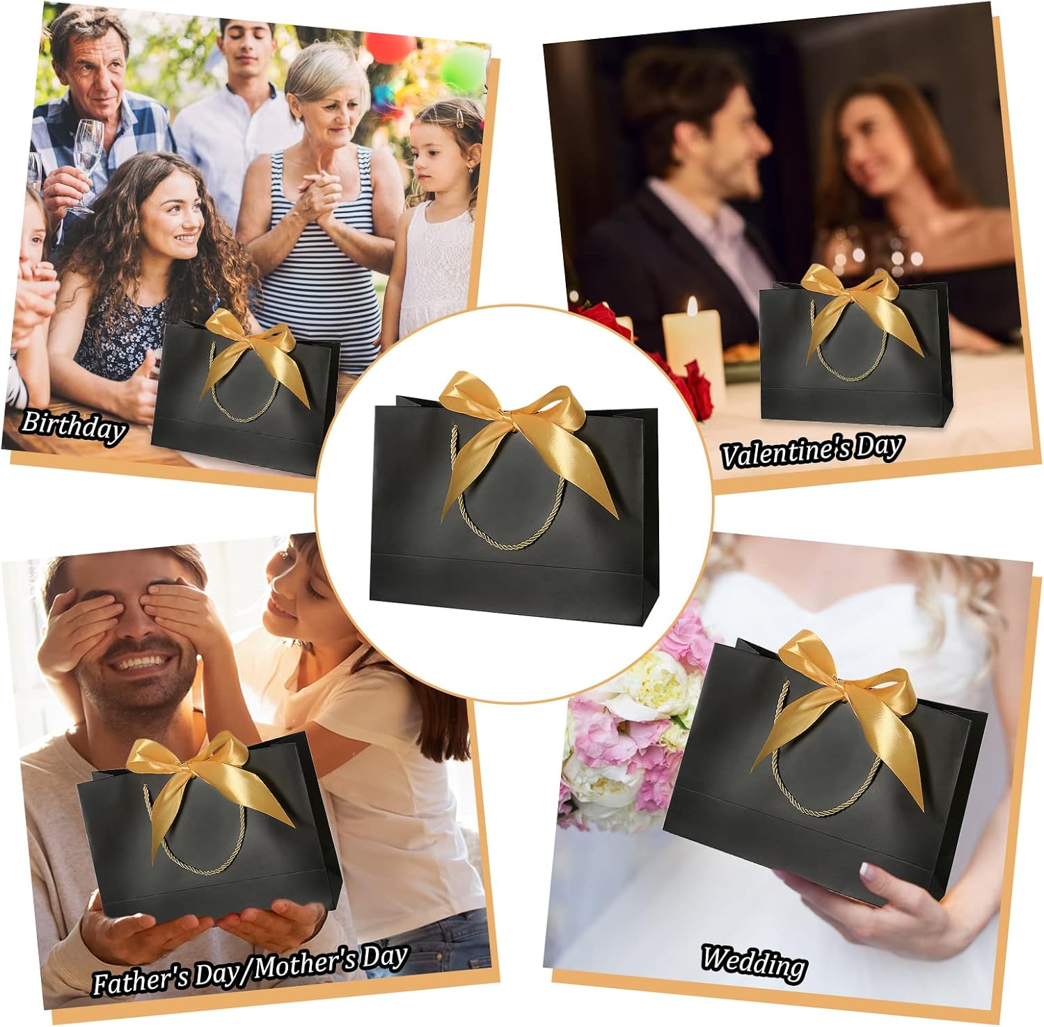 3 Pcs Black Gift Bags with Gold Bow Ribbon, VEGCOO Paper Party Favor Gift Bag Luxury Present Bag with Handle - Image 5