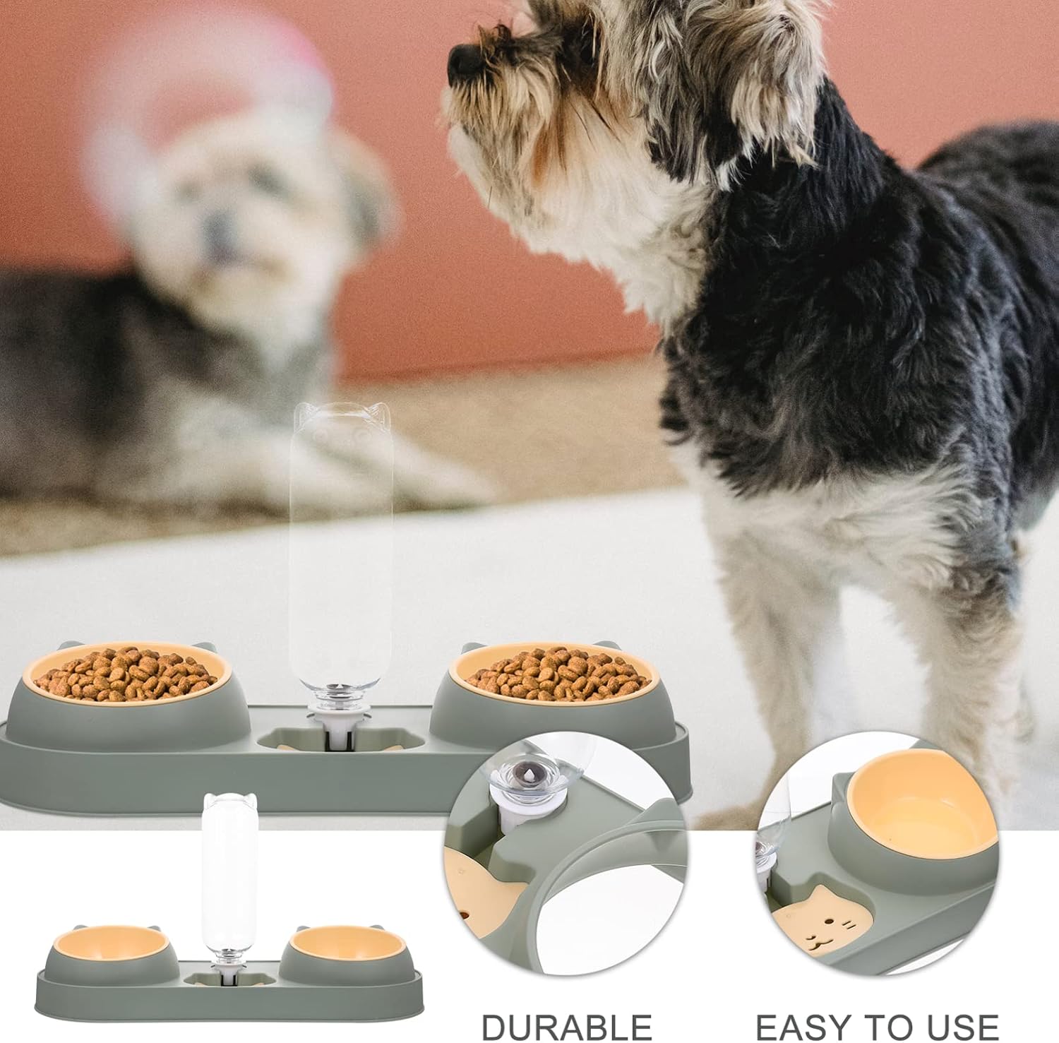 PATKAW Cat Bowl, 1 Set Green Cat Food and Water Bowl Set Dog Food Bowl Raised Cat Bowls with Automatic Waterer Bottle for Cats, Puppy