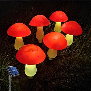 Set of 6 Garden Solar Lights, Solar Powered Mushroom Lamps for Outdoor Decorations, Waterproof Garden Ornaments for Backyard Lawn Pathway Landscape Fence Christmas Yard Decorations Red