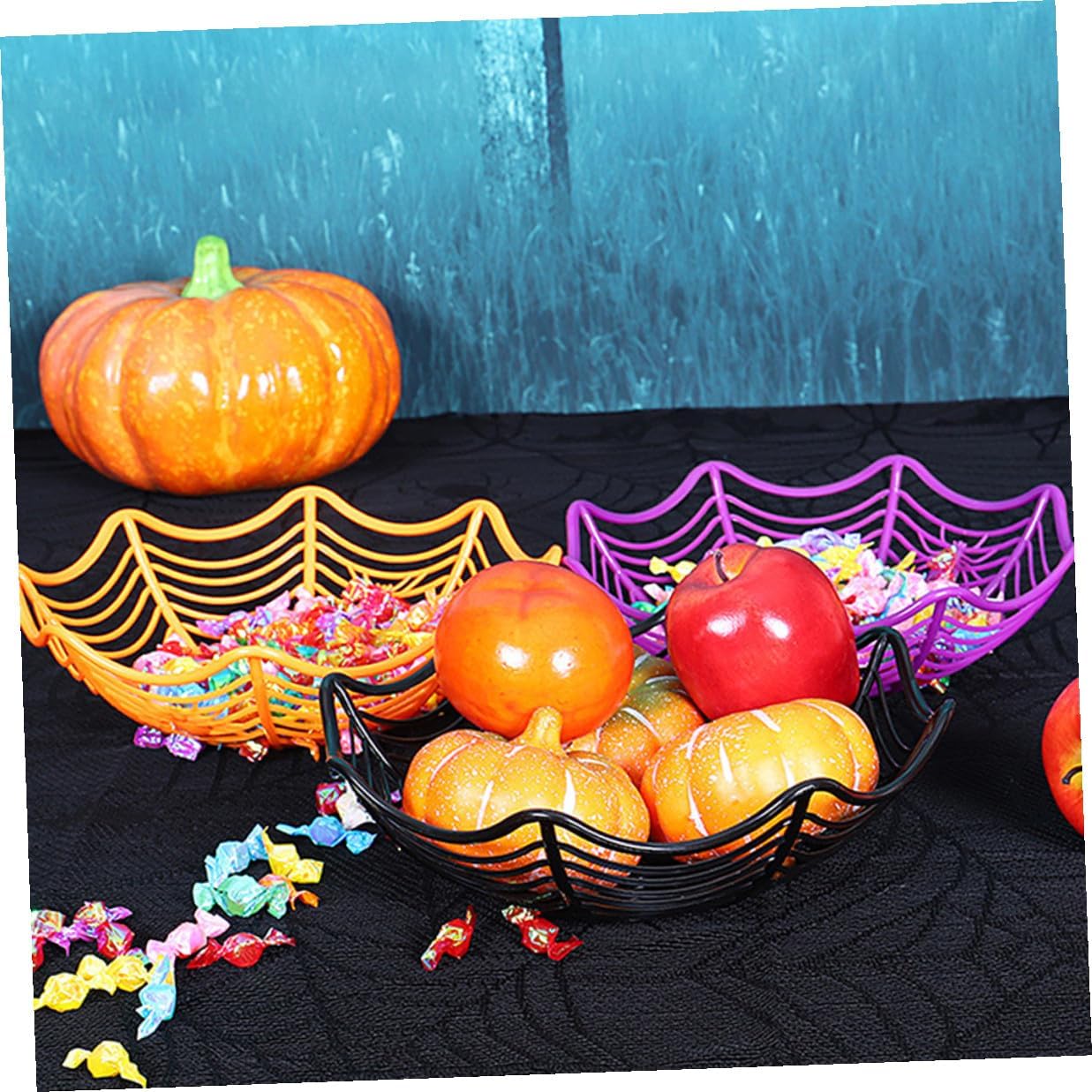 Spooky Spider Web Candy Basket Set, 5pcs Plastic Halloween Fruit Bowl and Biscuit Storage Bowls, Black, Orange, and Purple Candy Servers for Party Table Decor and Trick-or-treat