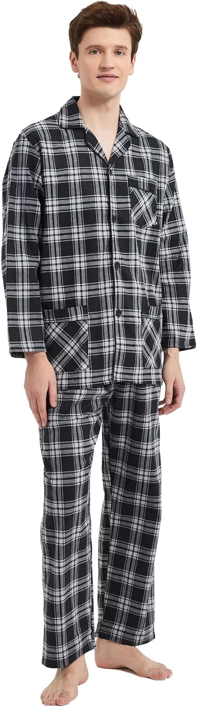 Men’s 100% Cotton Pajamas Set Flannel Long Sleeves Pijamas For Men Pockets Button Pjs Elastic High Waist