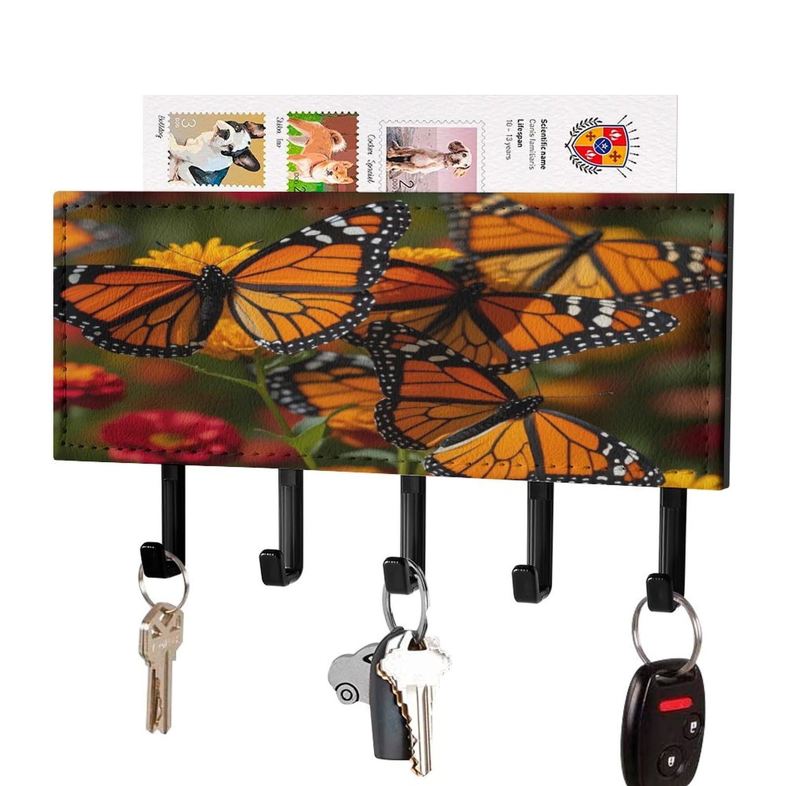 FekiLoot Monarch Butterflies Key Holder Wall Mount Key Hanger with 5 Hooks Decorative Key Rack Hanging Key Hooks with Mail Organizer Key Holder for Wall Living Room Kitchen Bathroom Hallway Black