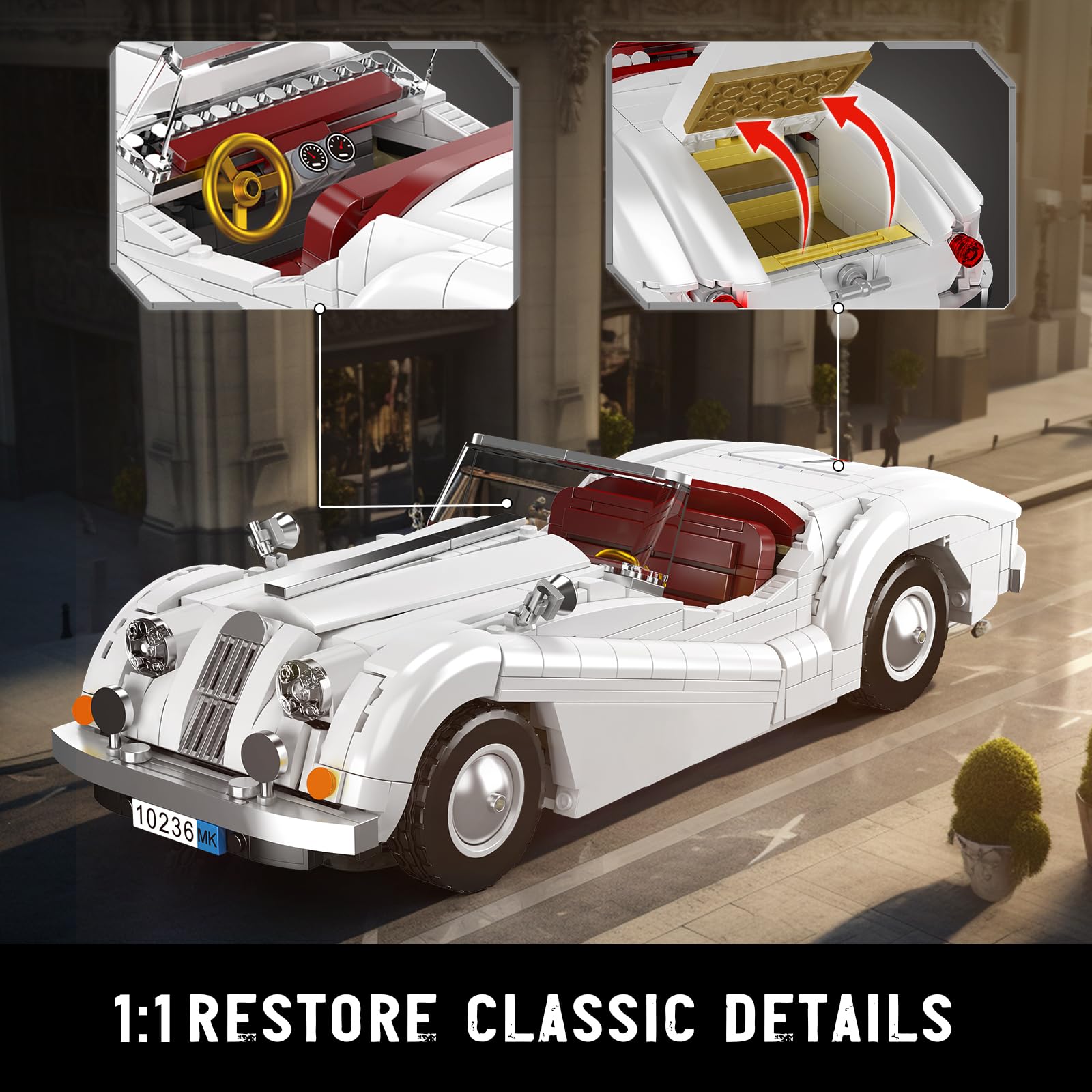 Mould King 10236 MOC Technik Vintage Kabriolet Sportwagen Modell Klemmbausteine Bausatz Set, MOC Oldtimer Auto Modell Klemmbausteine Set für Jugendliche/Erwachsene Sammler (1302+ Stücke)