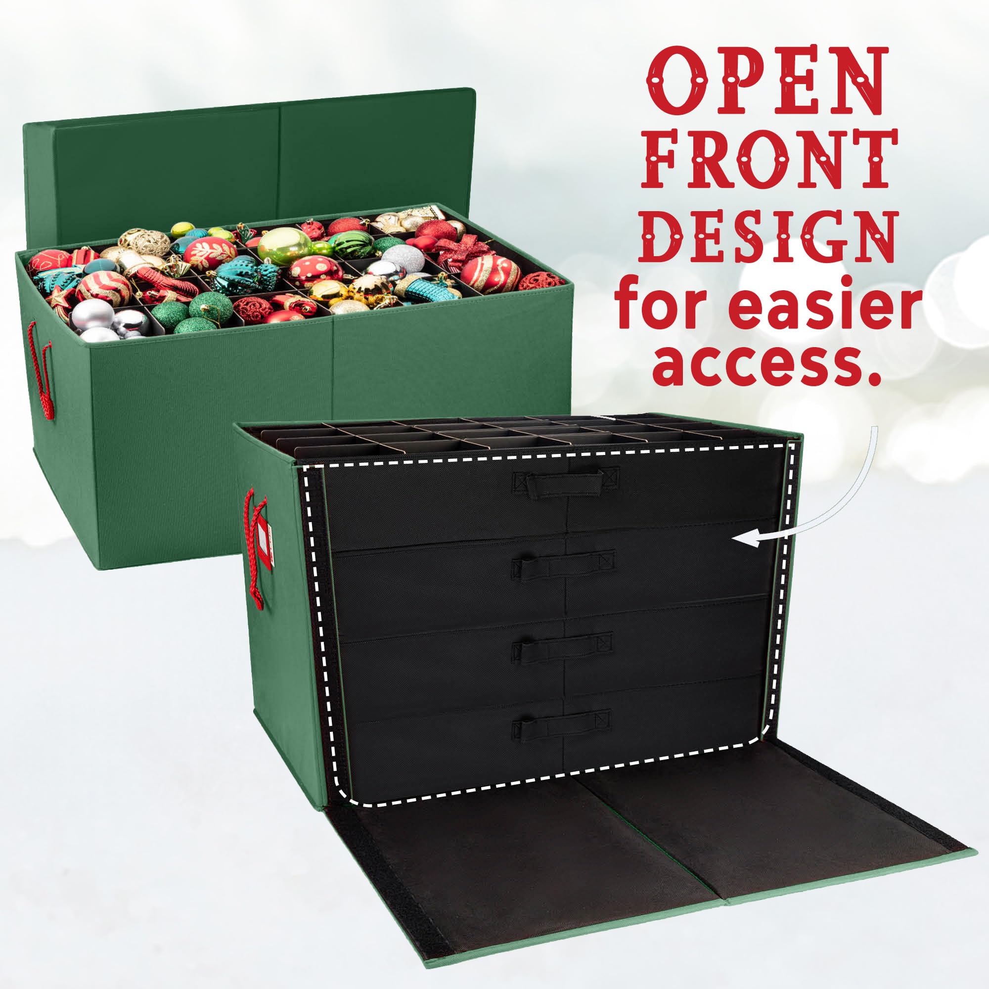 HOLDN' STORAGE Aufbewahrungsbox für Weihnachtsschmuck mit Trennwänden, zur Aufbewahrung von Ornamenten bis zu 96 von 7,6 cm, große Weihnachtskugel-Aufbewahrungsbehälter mit 4 Ablagen, Grün