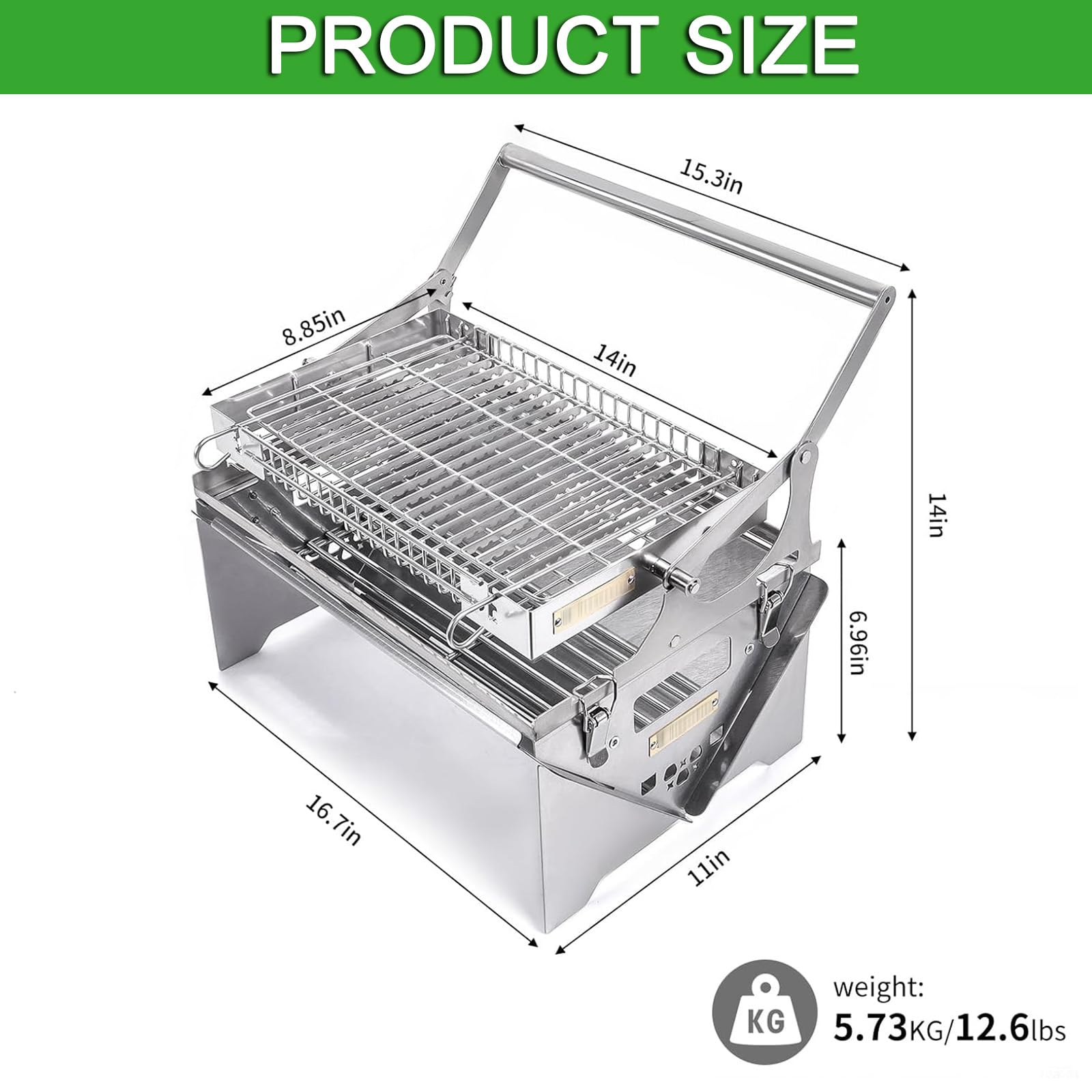 Przenośny grill do grillowania, wędzarka węglowa ze stali nierdzewnej, składana konstrukcja z dwustronnym obracaniem o 180°, na piknik na świeżym powietrzu i kemping