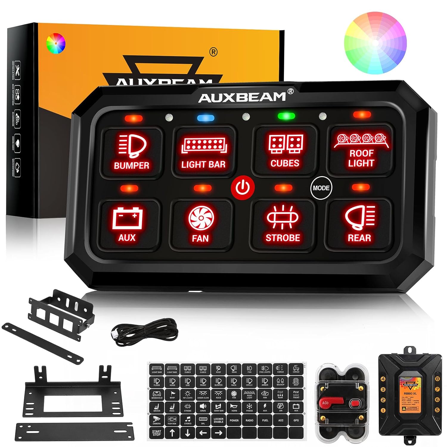 Auxbeam 8 Gang Switch Panel RB80 XL 5.3 Inch RGB Switch Pod Toggle Momentary Pulsed 12-24V Led Switch Panel Auxiliary Circuit Control Relay System for Truck Car Offroad UTV Waterproof 3 Years Warranty