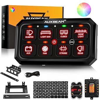 Auxbeam 8 Gang Switch Panel RB80 XL 5.3 Inch RGB Switch Pod Toggle Momentary Pulsed 12-24V Led Switch Panel Auxiliary Circuit Control Relay System for Truck Car Offroad UTV Waterproof